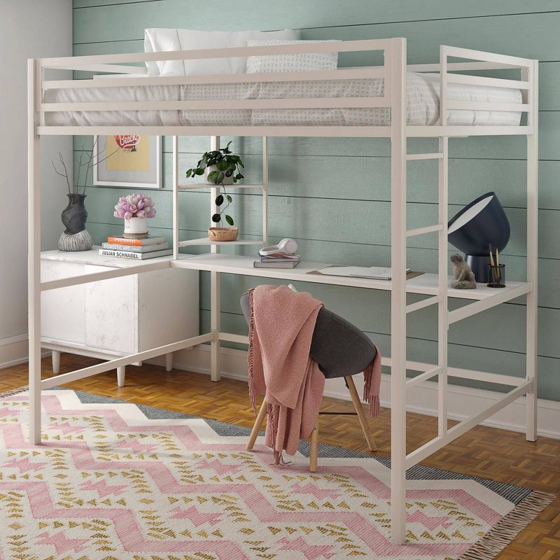 Full Maxwell Metal Loft Bed with Desk & Shelves White - Novogratz