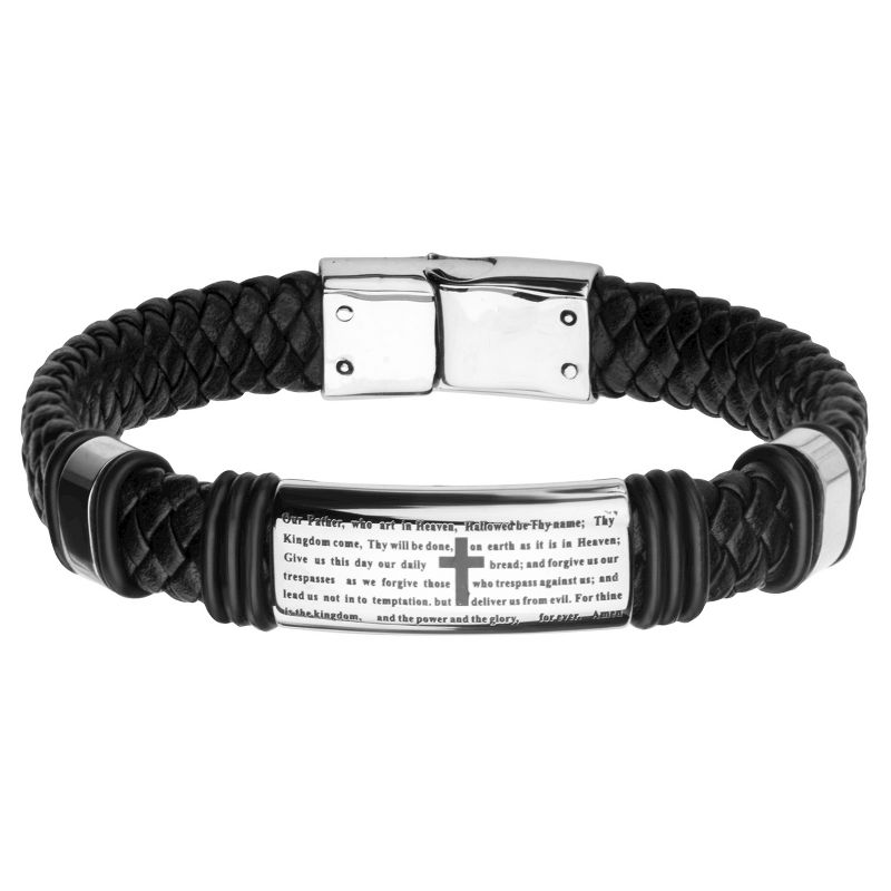 Men's Steel Art Black Braided Leather with Lord's Prayer ID Stainless Steel Bracelet (8.75")