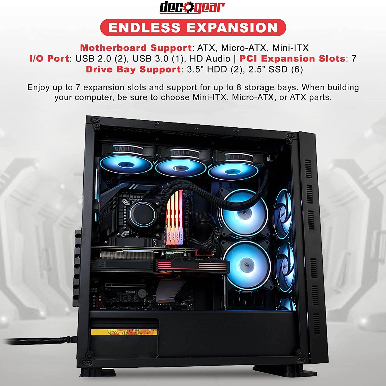 Deco Gear PC Gaming Starter Pack, Includes LED Gaming Desk, Gaming Chair, Mid-Tower Tempered Glass PC Case, Cherry Red Mechanical Keyboard, Streaming and Multiplayer Microphone, Wired LED Mouse