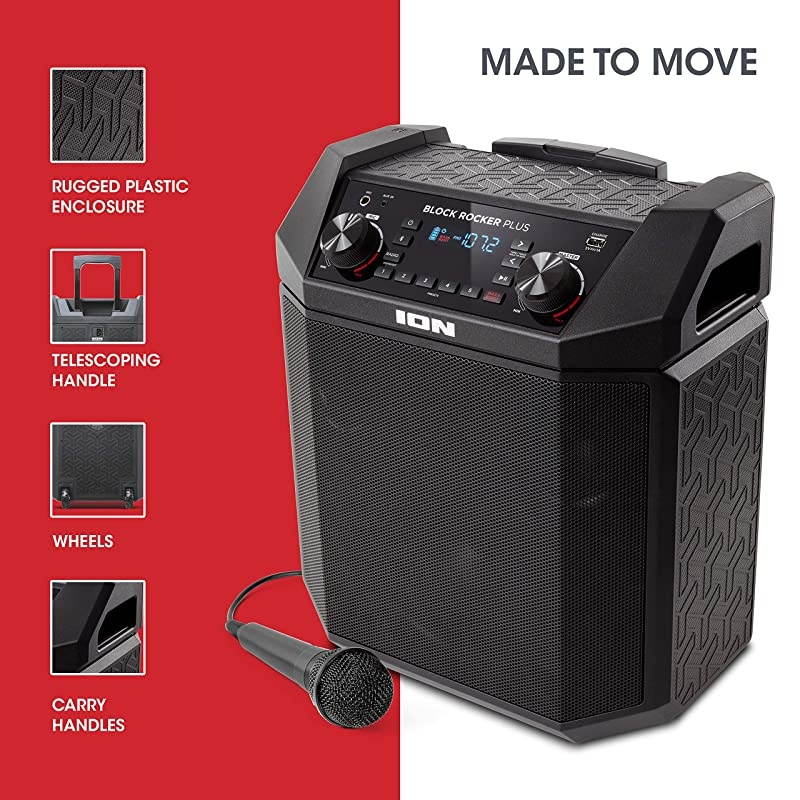 Audio Block Rocker Plus - Portable Bluetooth Speaker 100W W/Battery, Karaoke Microphone, AM FM Radio, Wheels & Telescopic Handle and USB Charging