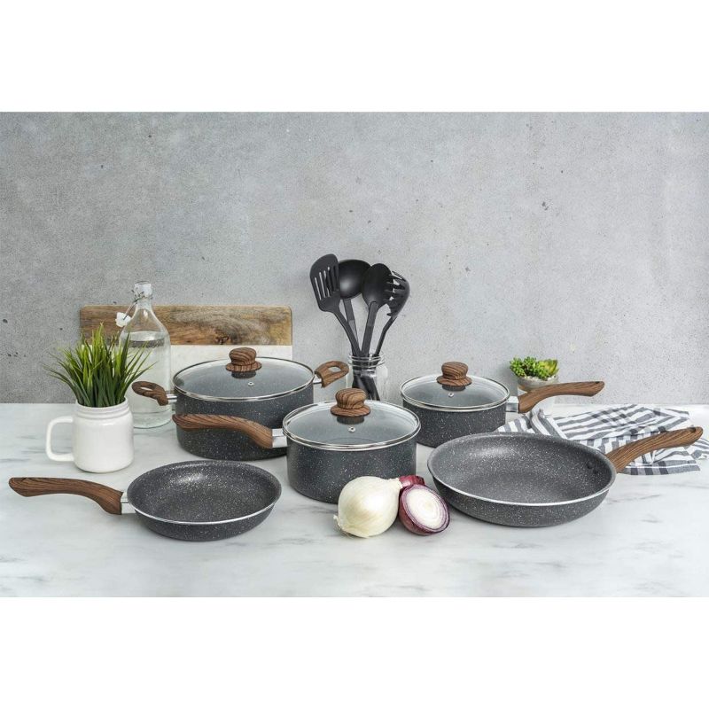 Bella 14784-SN 12 Piece Kitchen Non Stick Cookware Set with Pots, Saucepans, and Cooking Utensils, Gray Speckle
