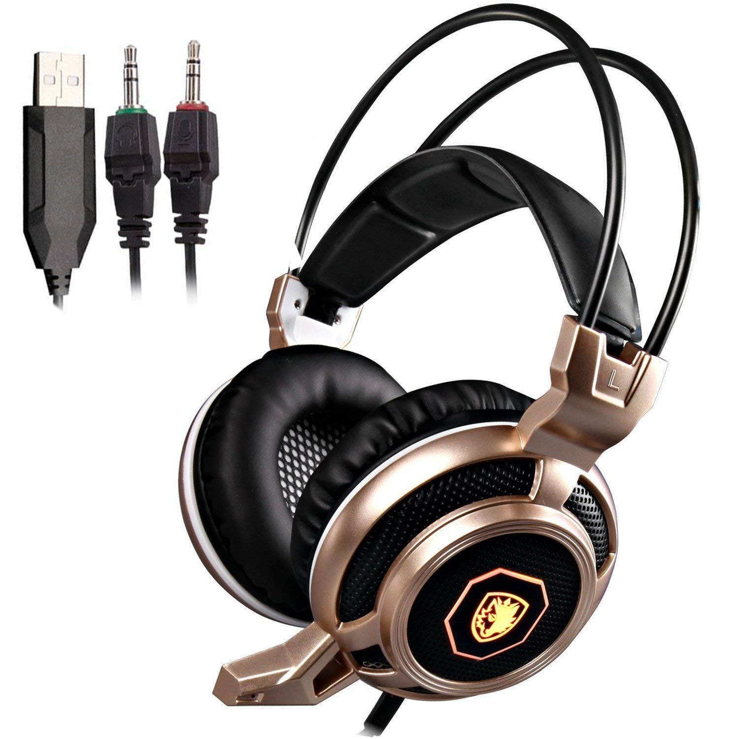 SADES Arcmage Gold Stereo Gaming Headphones With LED Lighting 3.5mm with Microphone for PC Mac PS4 Laptop
