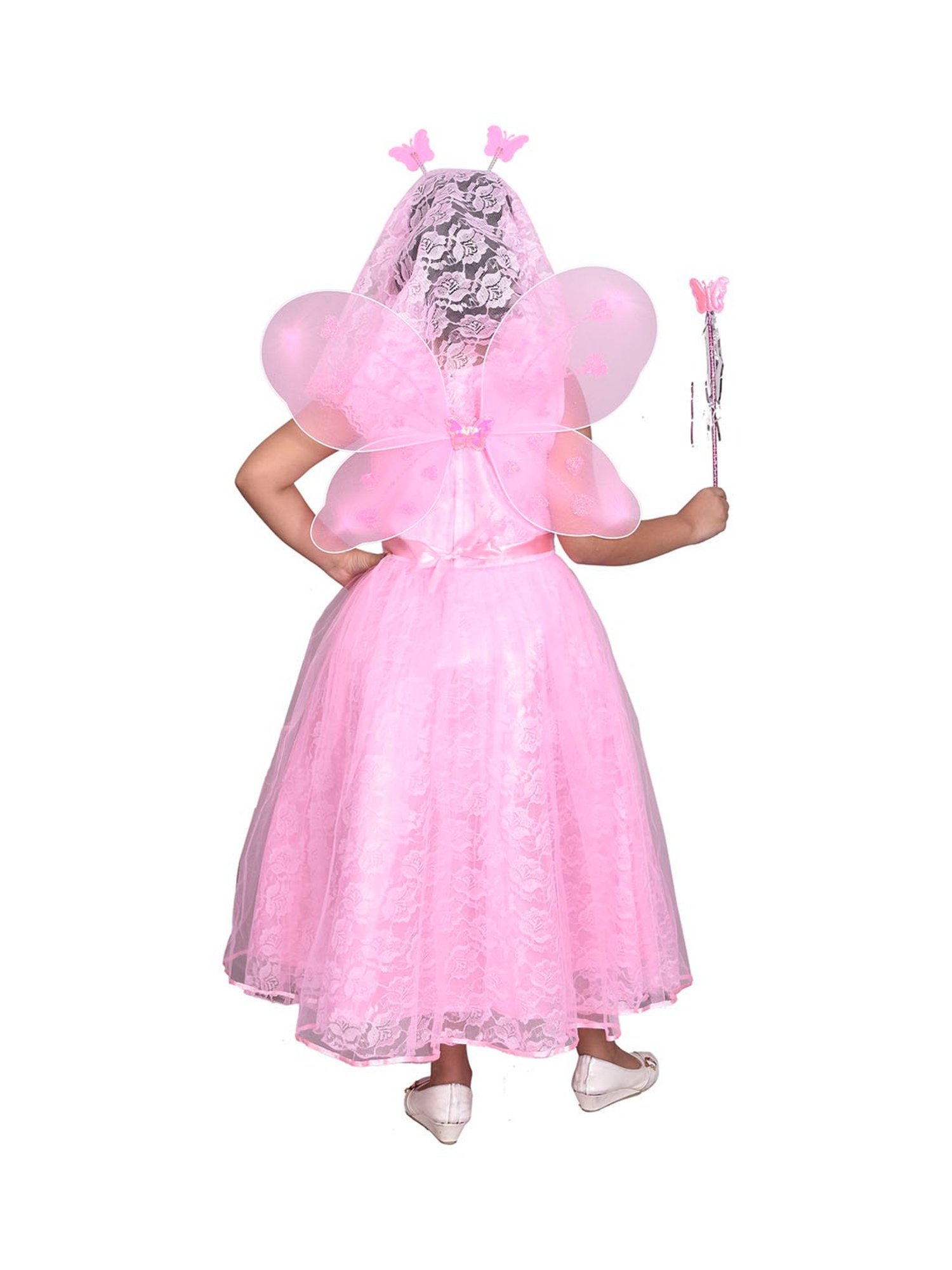 Ahhaaaa Kids Pink Self Design Dress, Wings, Hair Band with Fairy Stick