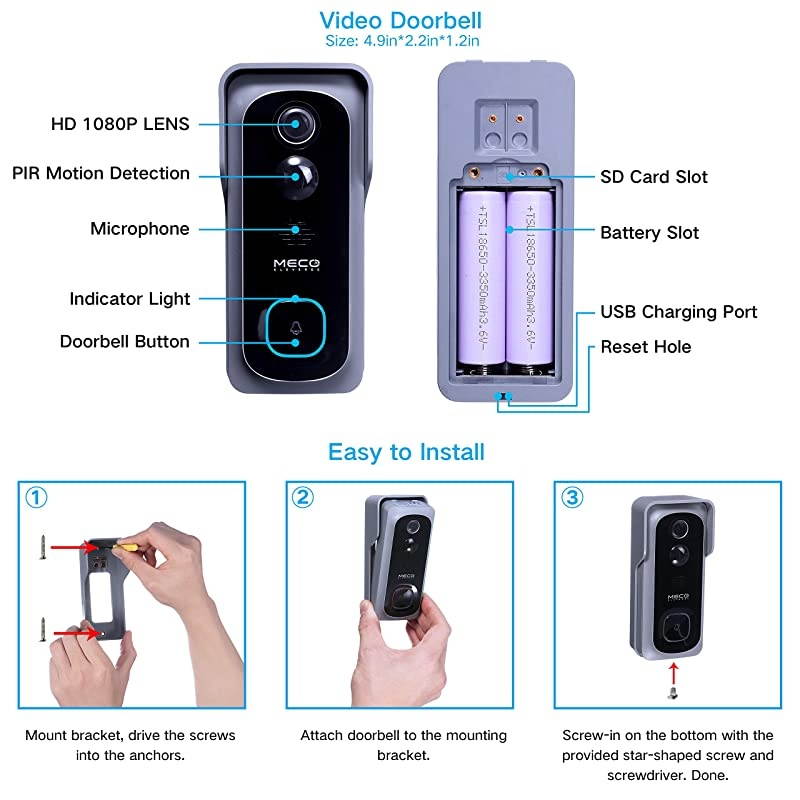 32GB Preinstalled?WiFi Video Doorbell, 1080P Doorbell Camera with Free Chime, Wireless Doorbell with Motion Detector, Night Vision, IP65 Waterproof, 166&deg;Wide Angle, 2.4GHz WiFi