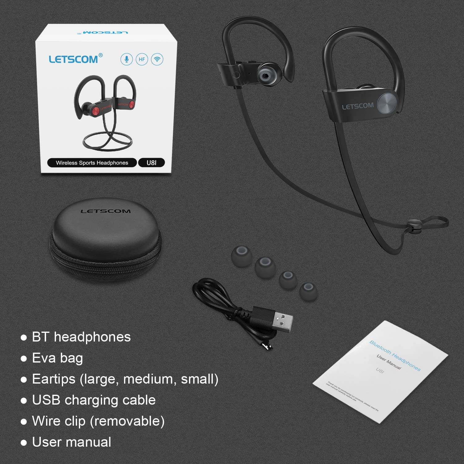 Bluetooth Headphones IPX7 Waterproof, Wireless Sport Earphones, HiFi Bass Stereo Sweatproof Earbuds w/Mic, Noise Cancelling Headset for Workout, Running, Gym, 8 Hours Play Time