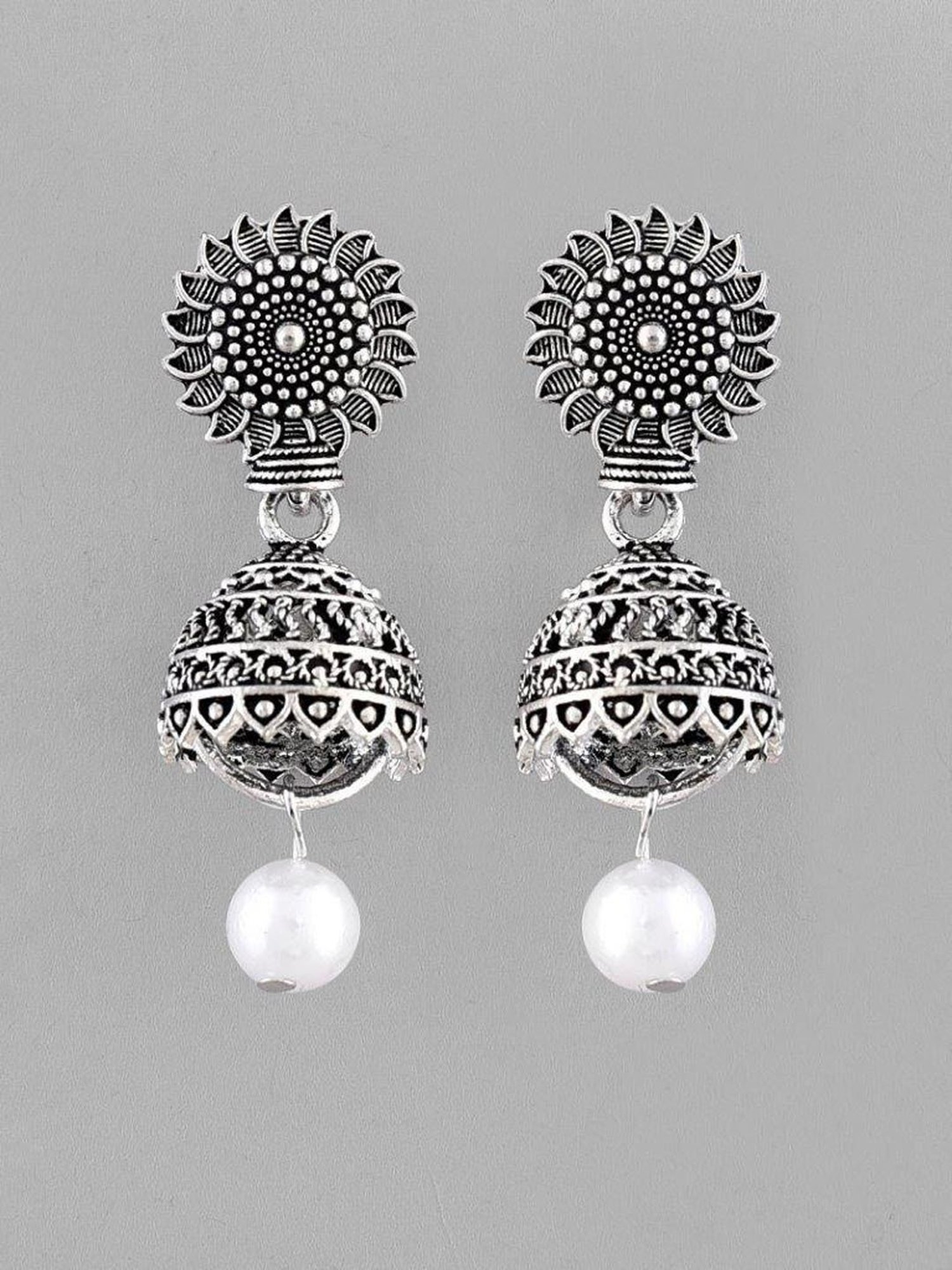 VOJ White Bead Studded Circular Oxidised Silver Plated Contemporary Jhumka for Women