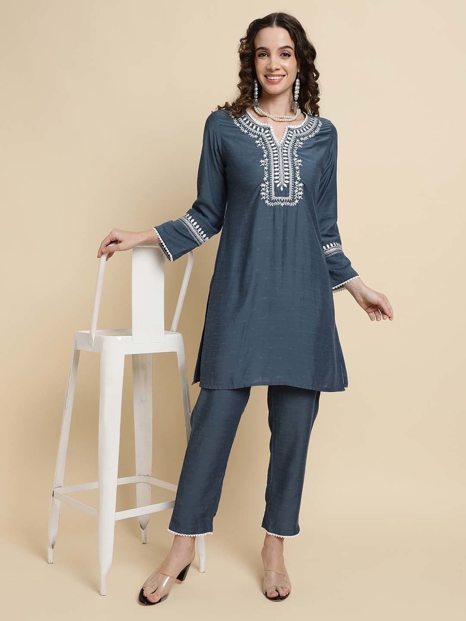 Sringam Blue Embroidered Kurti Pant Set