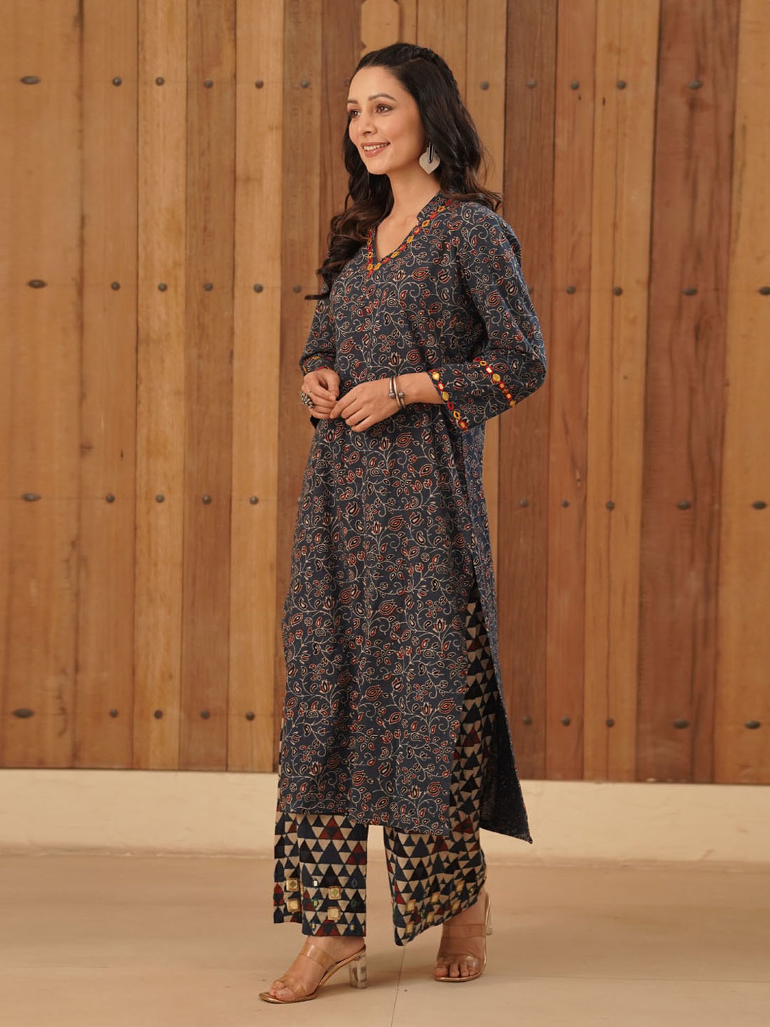 Love Chic Ajrakh Flare Kurta with side slits and 3/4th sleeves