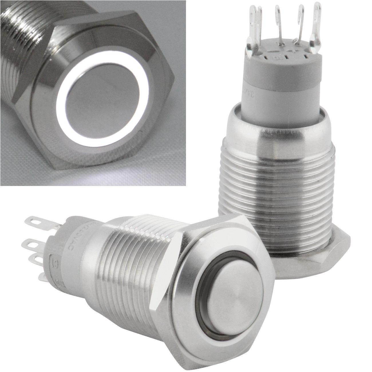 16mm Latching Push Button Power Switch Stainless Steel w/ White LED Waterproof