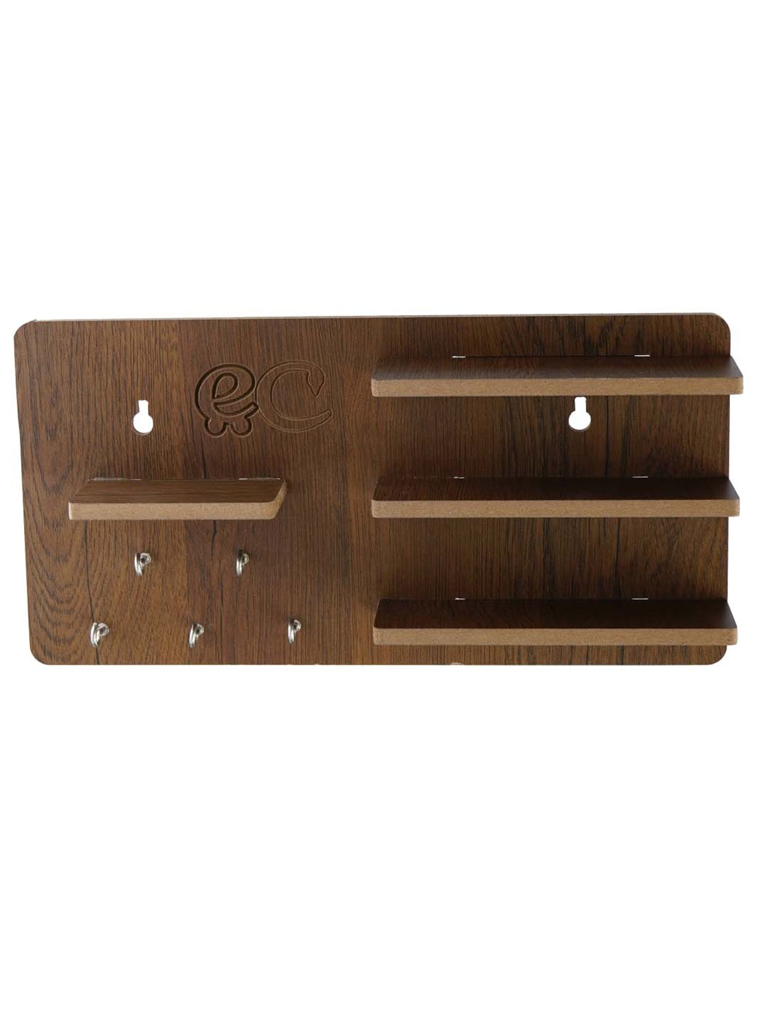 eCraftIndia Brown Wooden 5-in-1 Hook Keyholder With Shelf