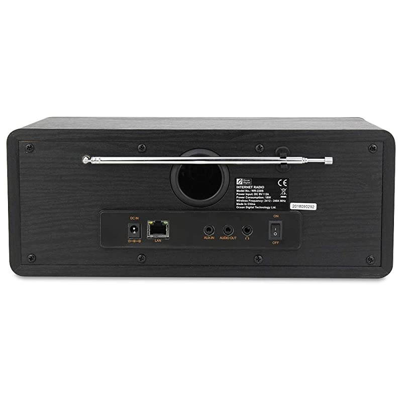 WiFi/FM Internet Radio WR230S Alarm Clock Radio with Bluetooth Receiver & Ethernet Port, Stereo Speakers, Line Out, Aux in, 20,000+ Stations, 2.4" Color Display- Black in Wooden Case