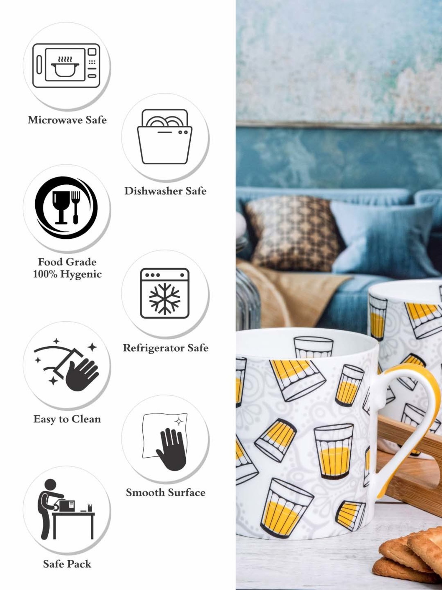 Goodhomes White & Yellow Bone China Coffee Large Mug (0.32 L) - Set of 2