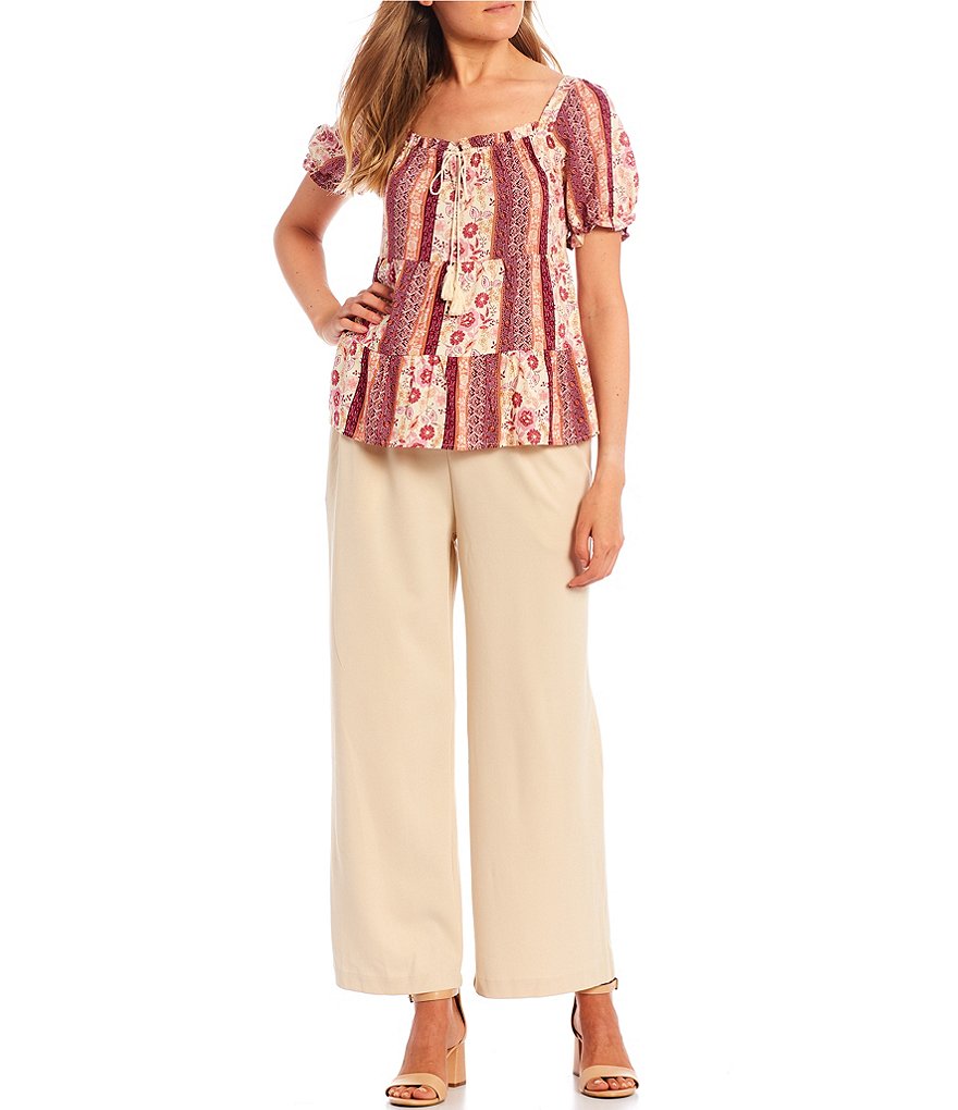 Love & Piece Flutter Short-Sleeve Scoop-Neck Patchwork Printed Tiered Peasant Top