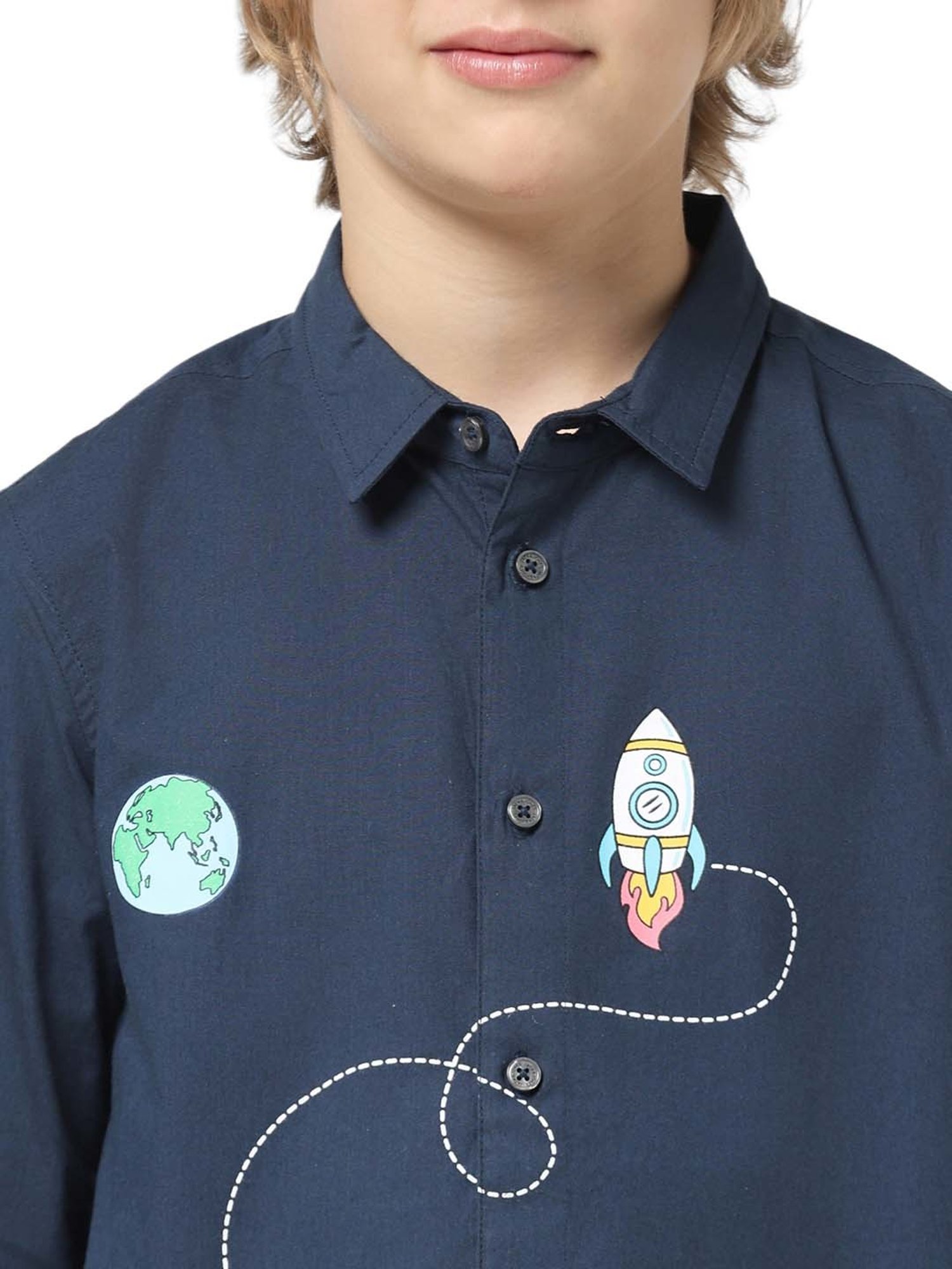 Jack & Jones Junior Poseidon Blue Cotton Printed Full Sleeves Shirt