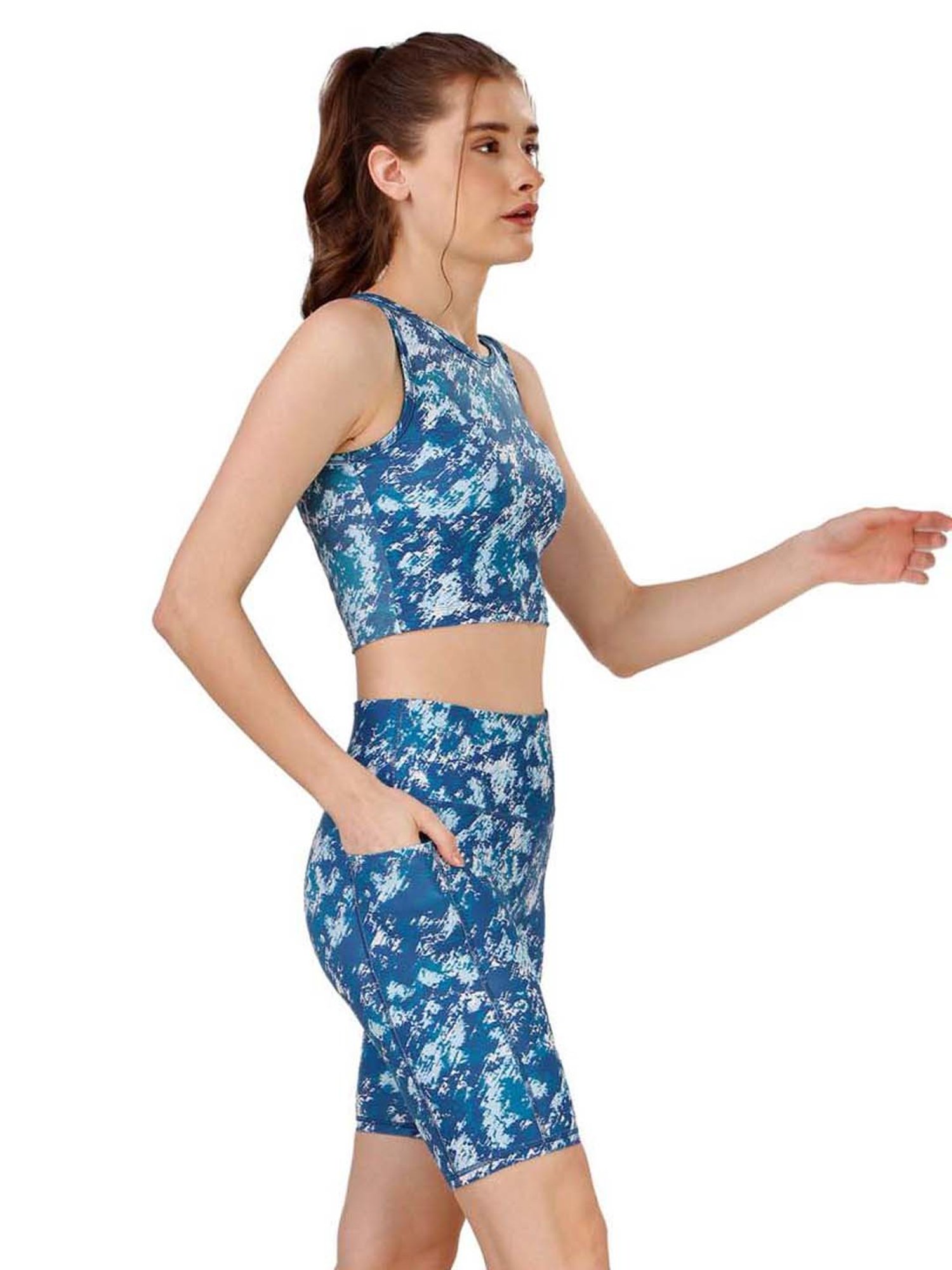 Soie Blue Printed Sports Crop Top Shorts Set