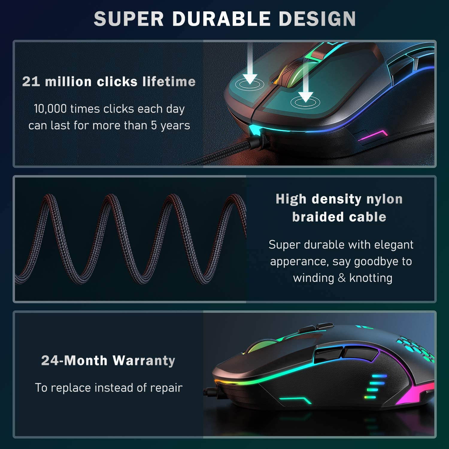 Updated Gaming Mouse with 7 Programmable Buttons, Chroma RGB Backlight Gaming mice, 6400 Adjustable DPI, Ergonomic USB Computer Mouse, High Precision Sensor for Windows PC & Laptop Gamers