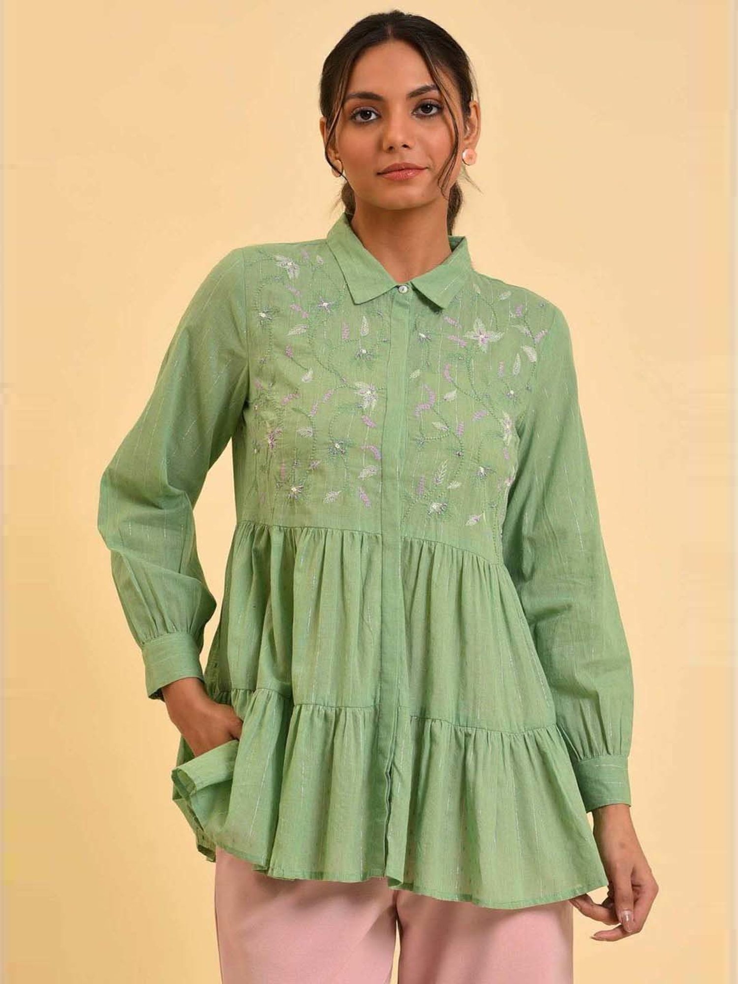 W Green Cotton Embroidered Top