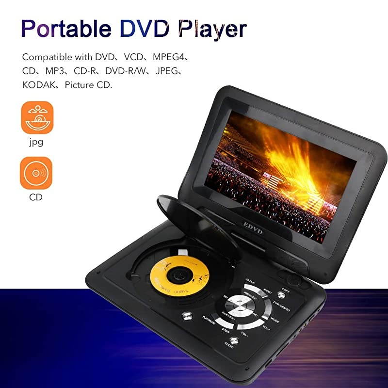 98quot Portable DVD Player Supports SD CardUSB PortCDDVD Rede Controller2 Hour Rechargeable Battery 9quot EyeProtective Screen Support AVinOutRegion Free Black
