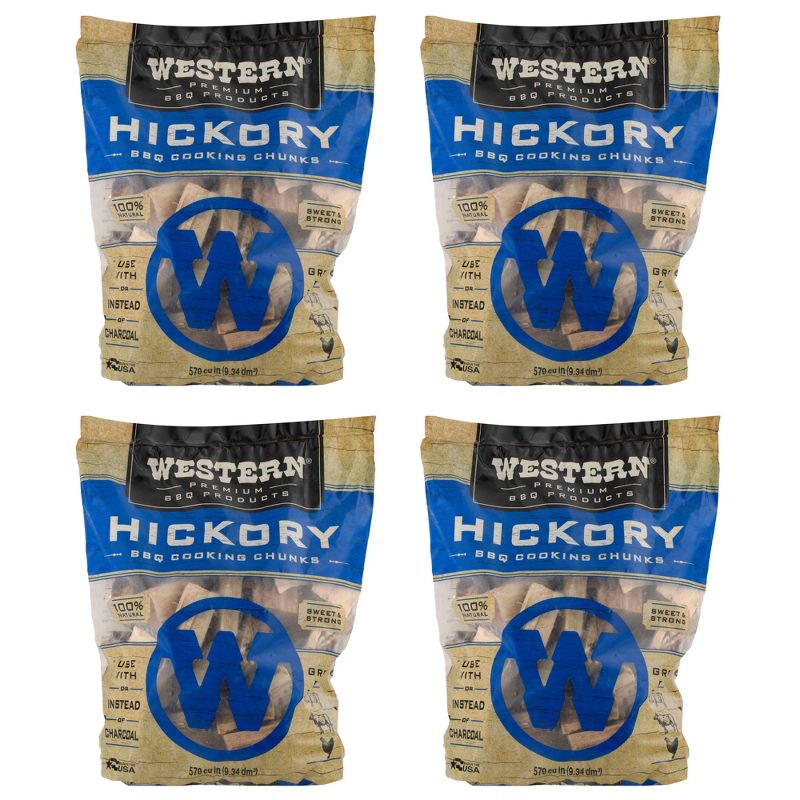 Western Premium BBQ 570 Cubic Inch Flavorful Heat Treated Hickory Barbecue Smoking Cooking Wood Chunks for Charcoal Gas and  Electric Grills (4 Pack)