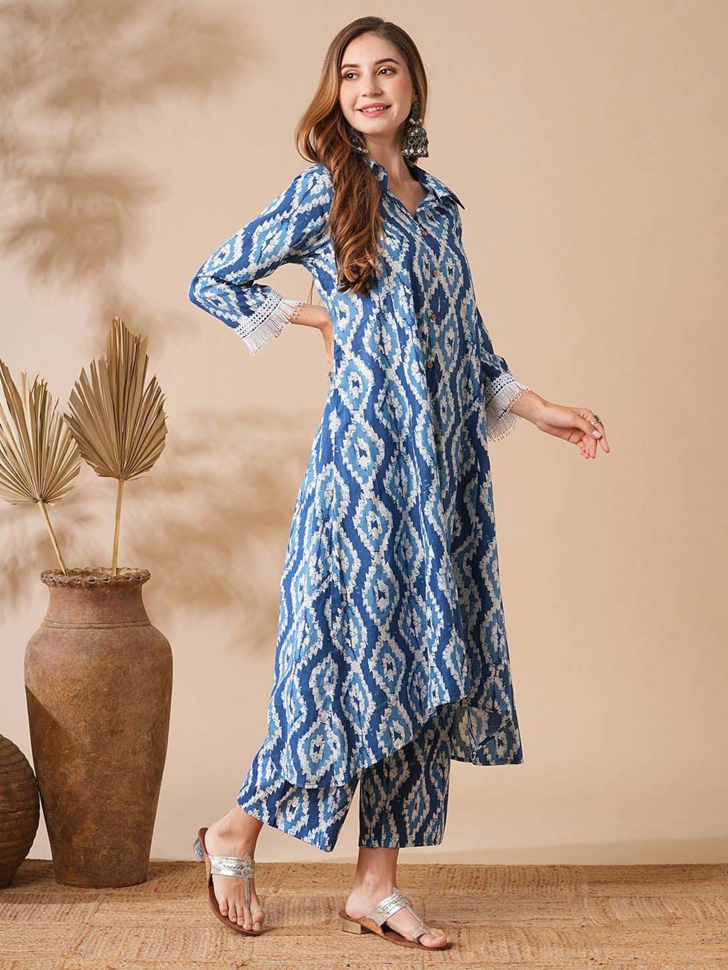 Fashor Blue Cotton Printed Kurta & Pant Set