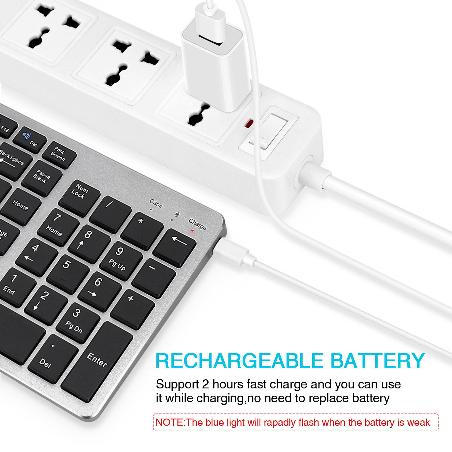 Rechargeable Bluetooth Keyboard Wireless Full Size Keypad with Number Pad for Laptop/Desktop support Win/IOS/Android
