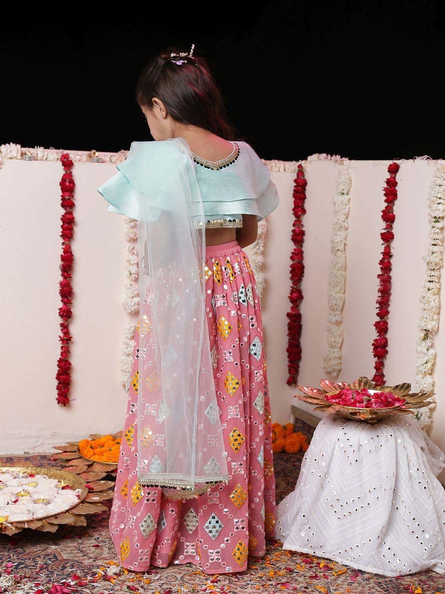 A Little Fable Kids Blue Printed Lehenga with Choli & Dupatta