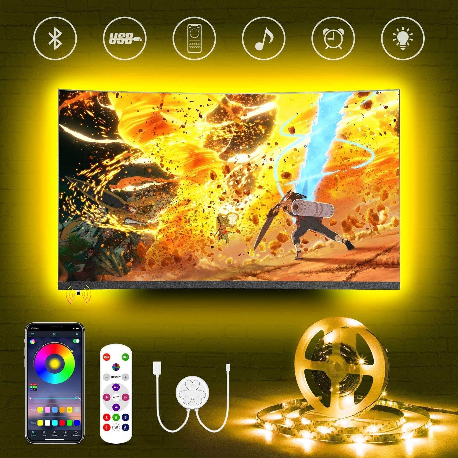 TV LED Backlight for 70 to 82inch Hamlite Bluetooth APP Controlled USB Bias Lighting Music Sync Color Changing LED Strip Built-in Mic Led TV Backlight (APP+Remote+Mic+Music )