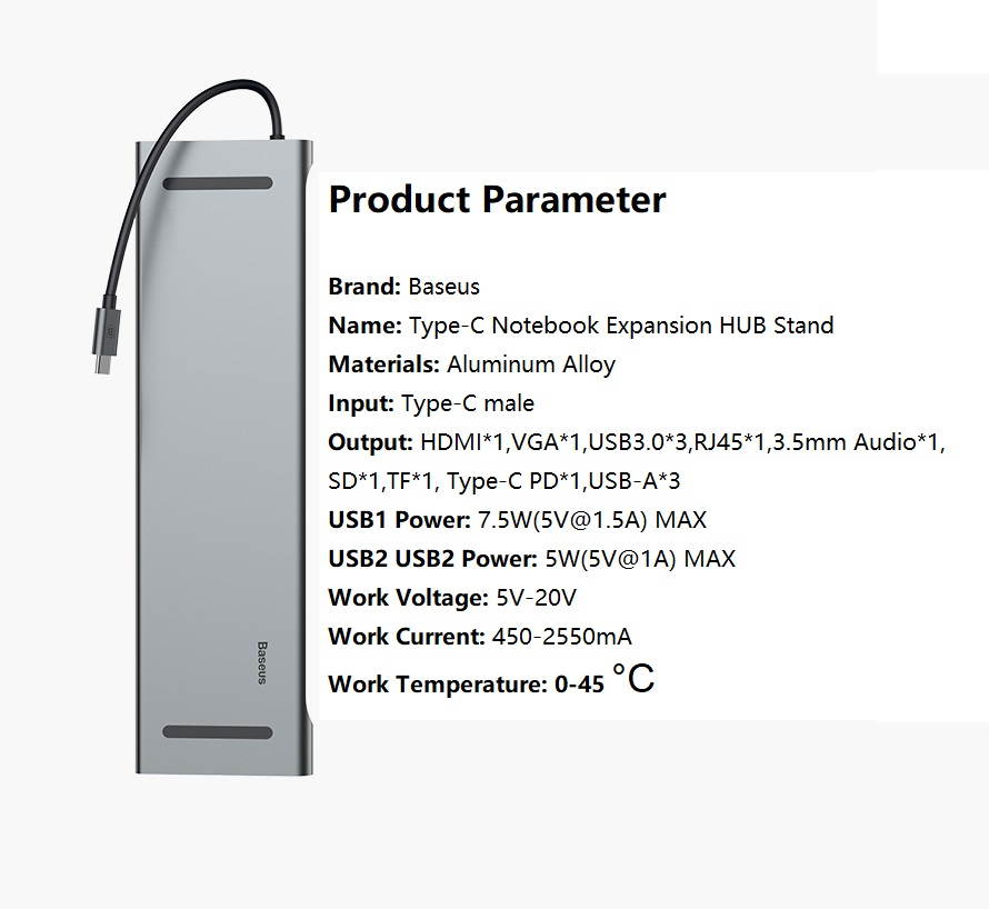 Baseus 10-in-1 USB-C Type-C Super HUB with 4K HDMI 1080p VGA 1000Mbps LAN SD TF PD 3 x USB3.0 Audio Dock, Notebook Docking Stand, Your Efficient Office Toolkit, 10 in 1 USB C HUB Docking for Laptop.