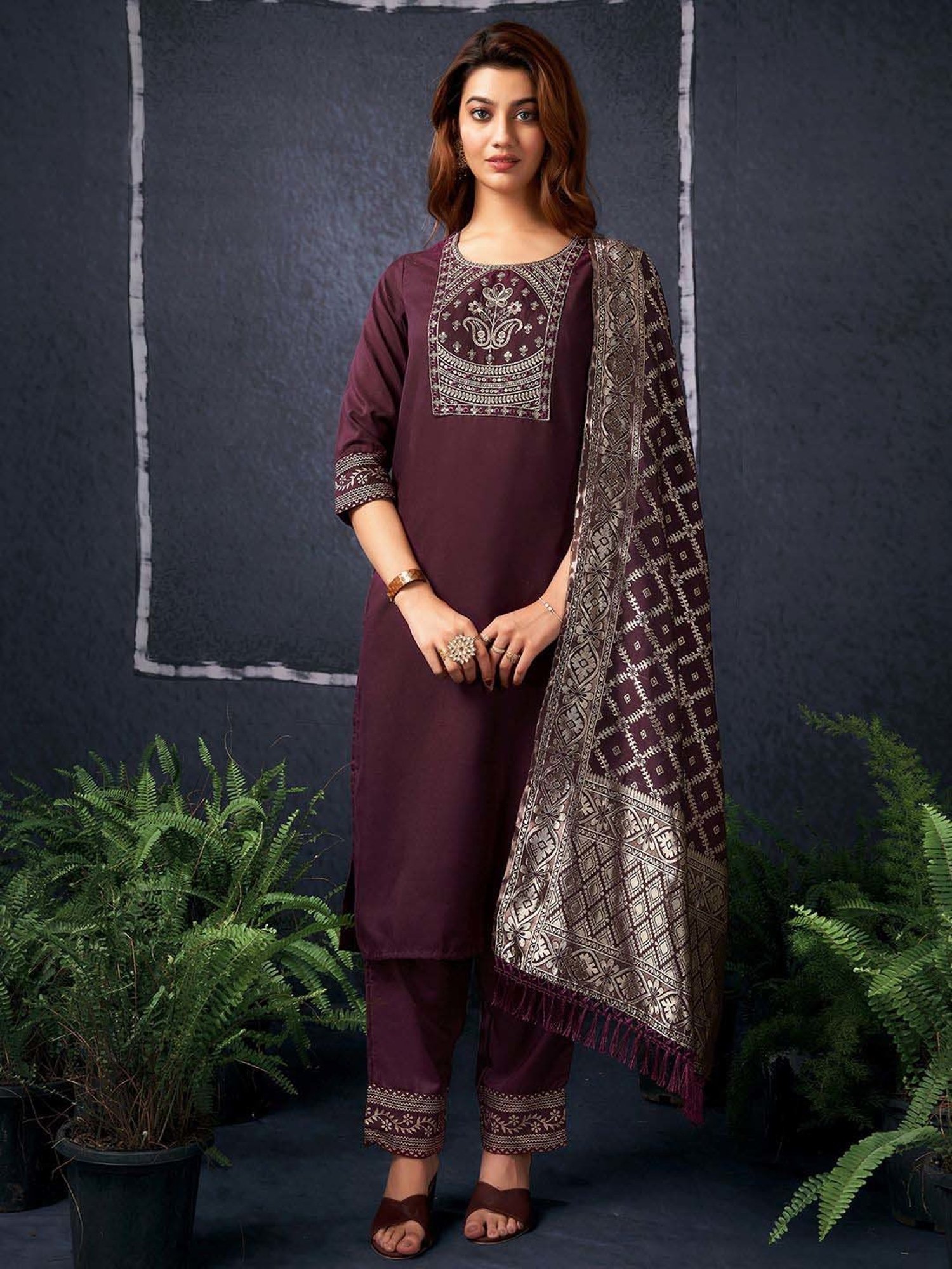 Skylee Maroon Cotton Embroidered Kurta Pant Set With Dupatta