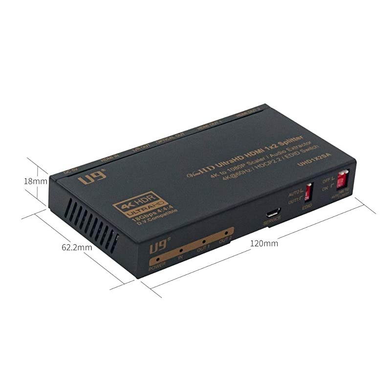 ViewHD UHD1X2SA 1 in 2 Out 1x2 HDMI 2.0 HDCP 2.2 Splitter with 4K to 1080P Down Scaler and Audio Extractor 4K60Hz HDR Dolby Vision 3.5mm / Optical and HDMI Audio Output to HDMI AVR Receiver