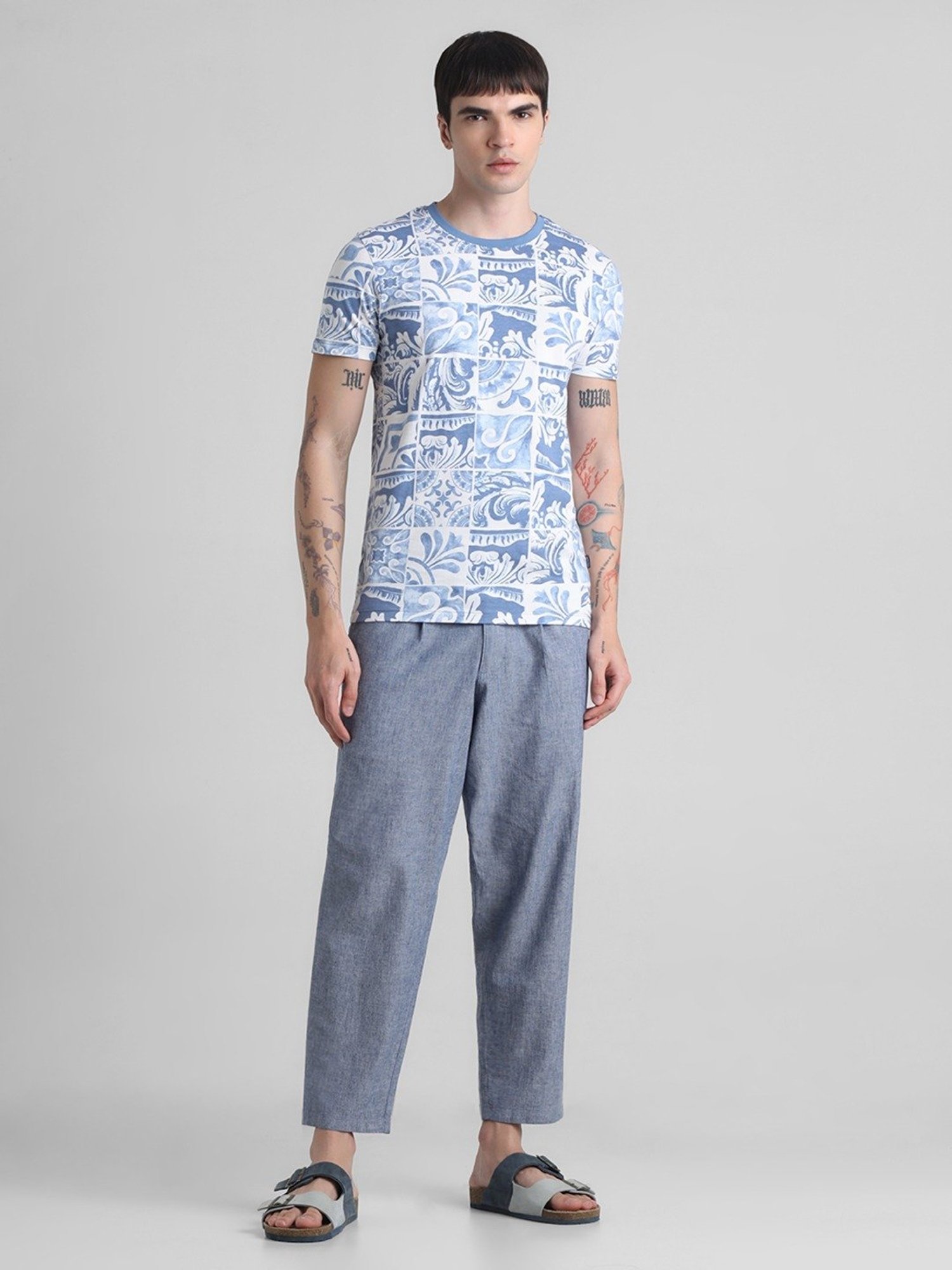Jack & Jones Blue Ashes Cotton Slim Fit Printed T-Shirt