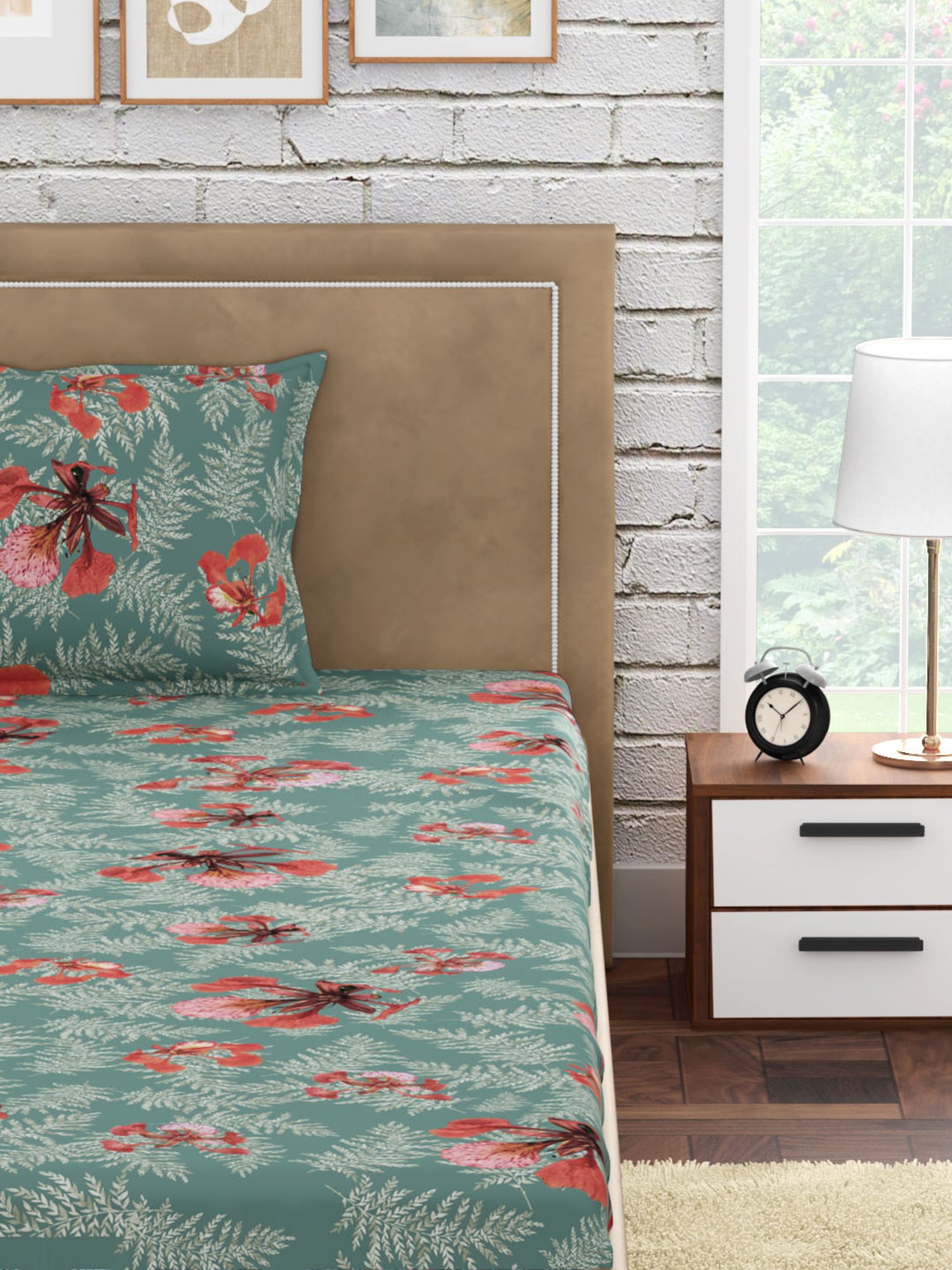Petal Home Poinciana Floral Teal Green 300 TC Cotton Single Bed Sheet with 1 Pillow Cover