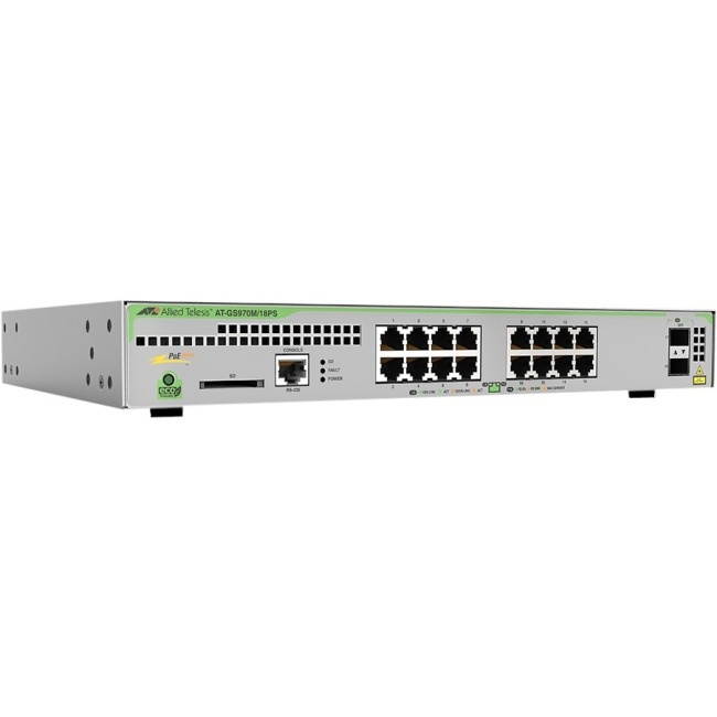 Allied Telesis AT-GS970M/18PS-R-10 L3 Switch with 16 x 10/100/1000T PoE ports and 2 x 100/1000X SFP Ports with Rack Mount Kit
