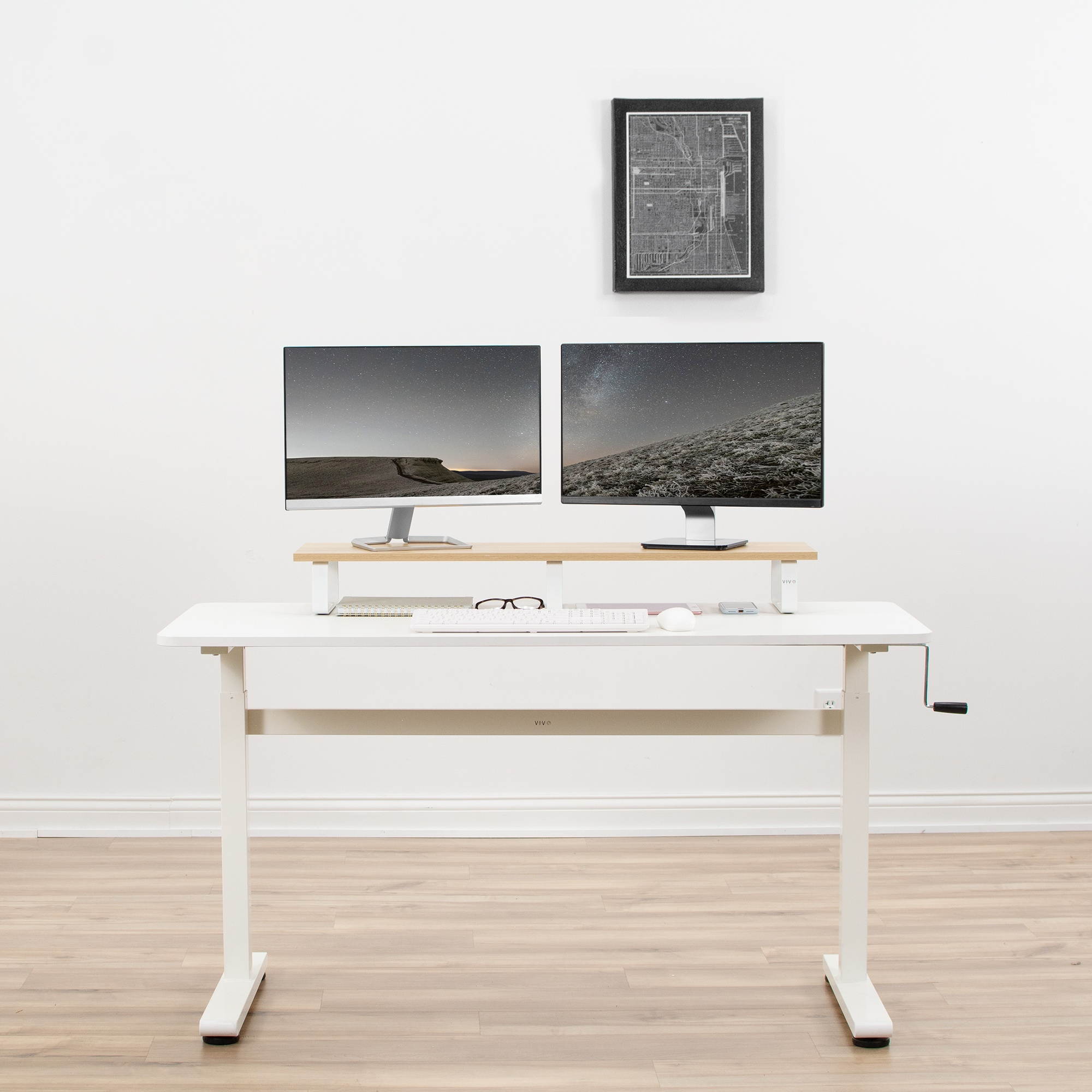 VIVO 39" Desktop Stand TV, Dual Monitor Riser & Desk Tabletop Organizer, Light Wood Top, White Legs (STAND-V000WL)