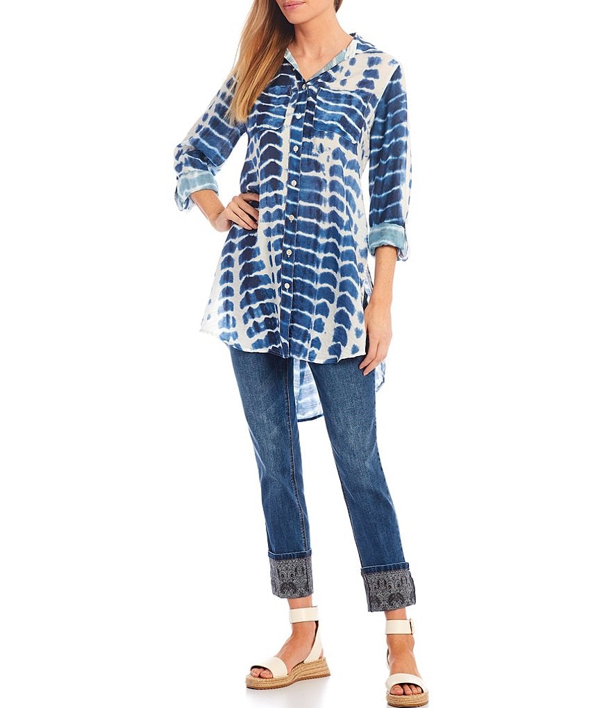 John Mark Roll Tab Sleeve Tie-Dye Print Button Front Pocket Tunic