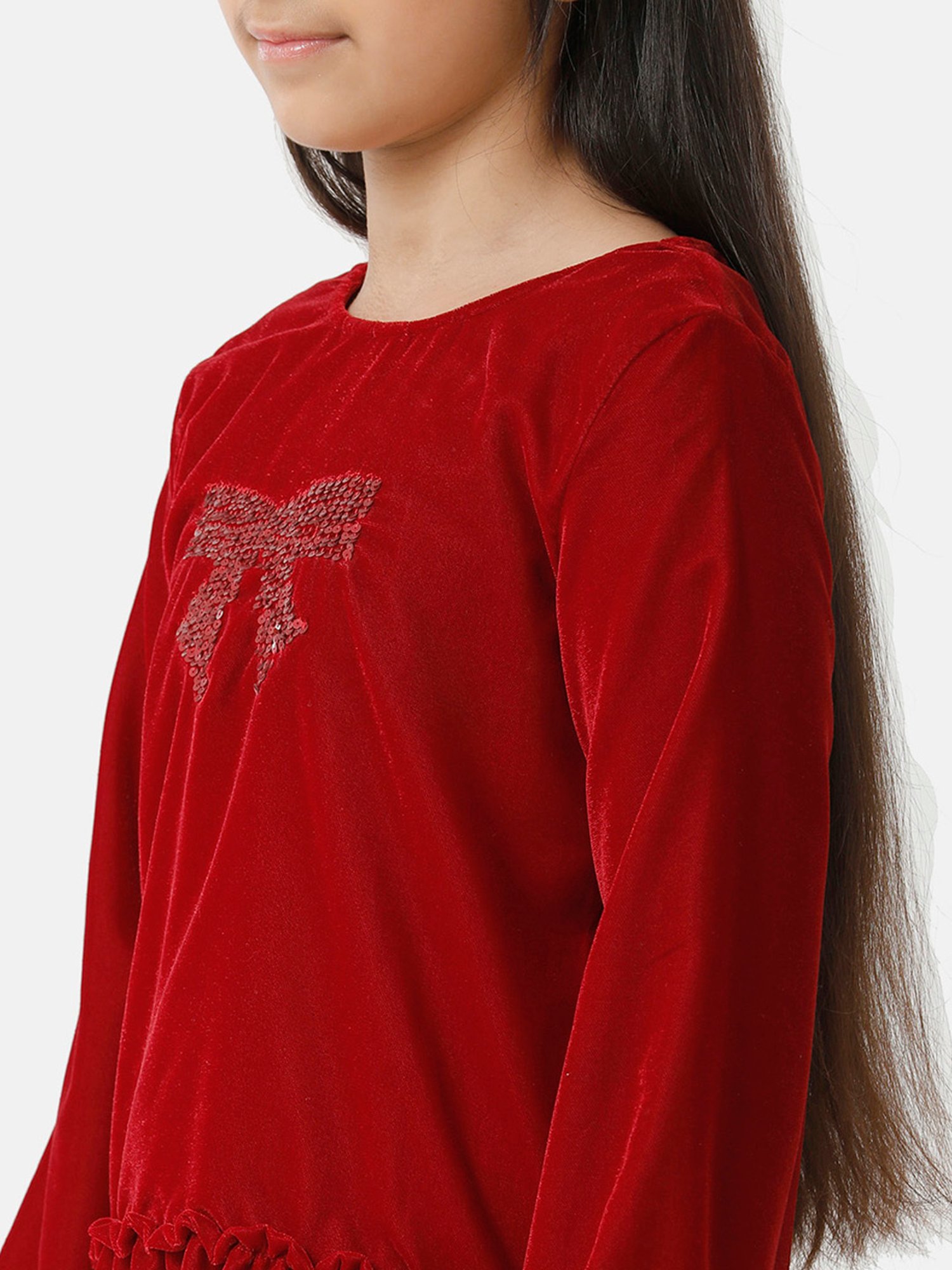 Under Fourteen Only Kids Maroon Embellished Full Sleeves Dress