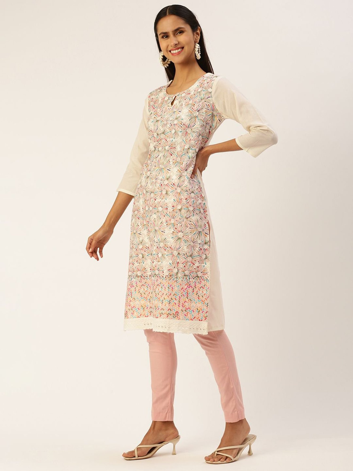 SHANVIKA Cream Embroidered Cotton Straight Kurta