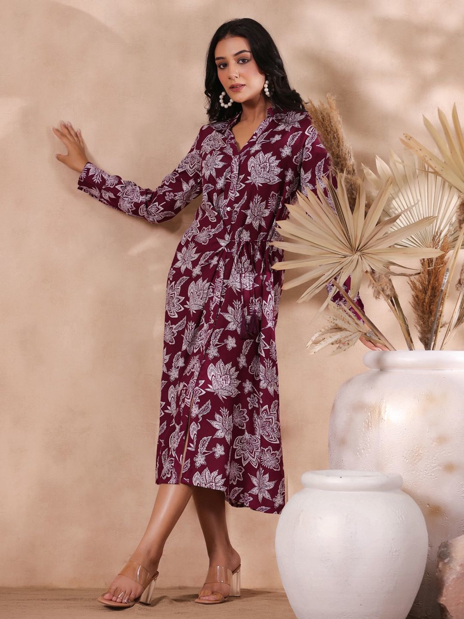 Ishin Purple Floral Print Shirt Dress
