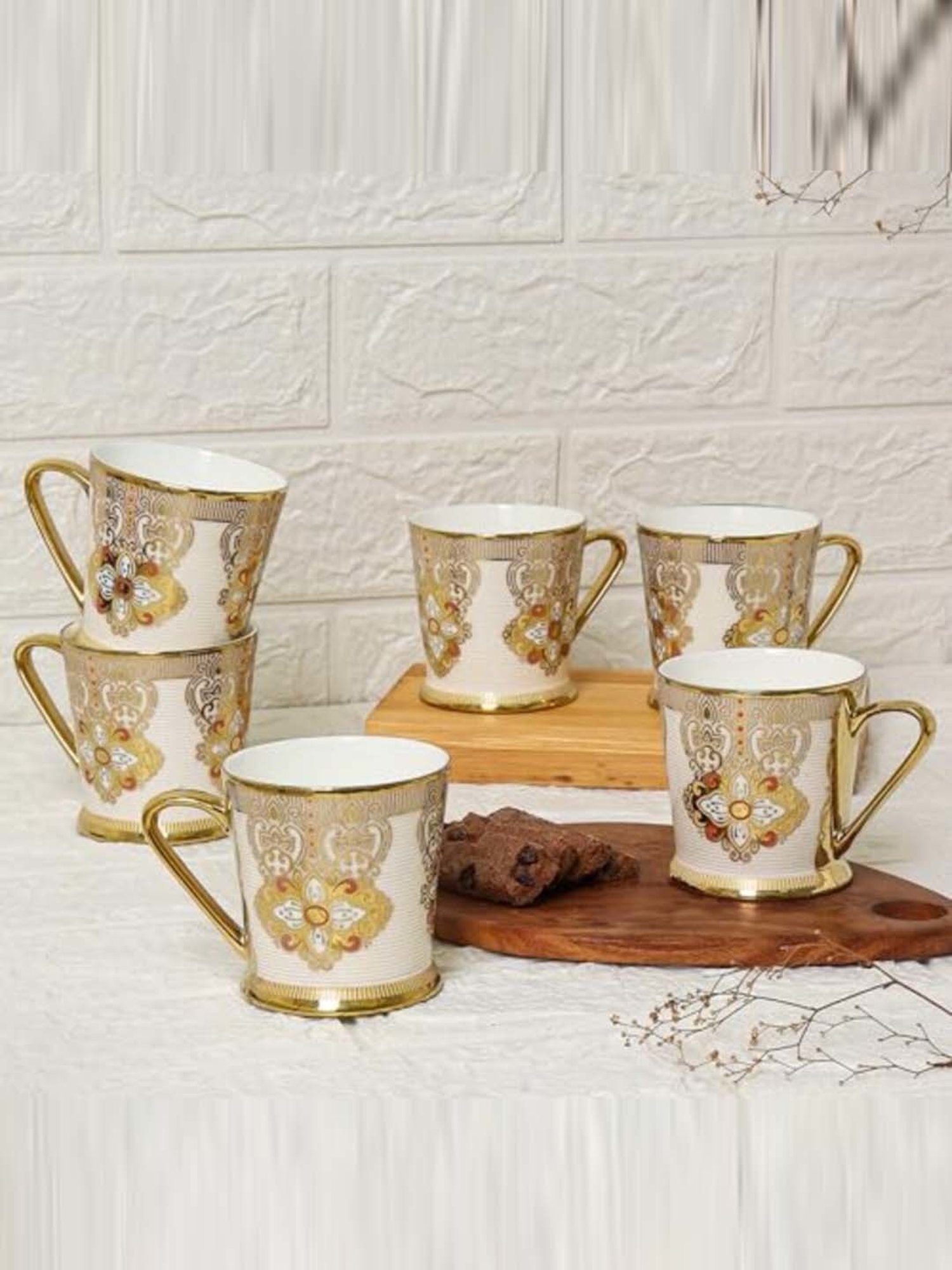 Femora Red & Imperial Gold Ceramic Tea Mugs (0.18 L) - Set of 6