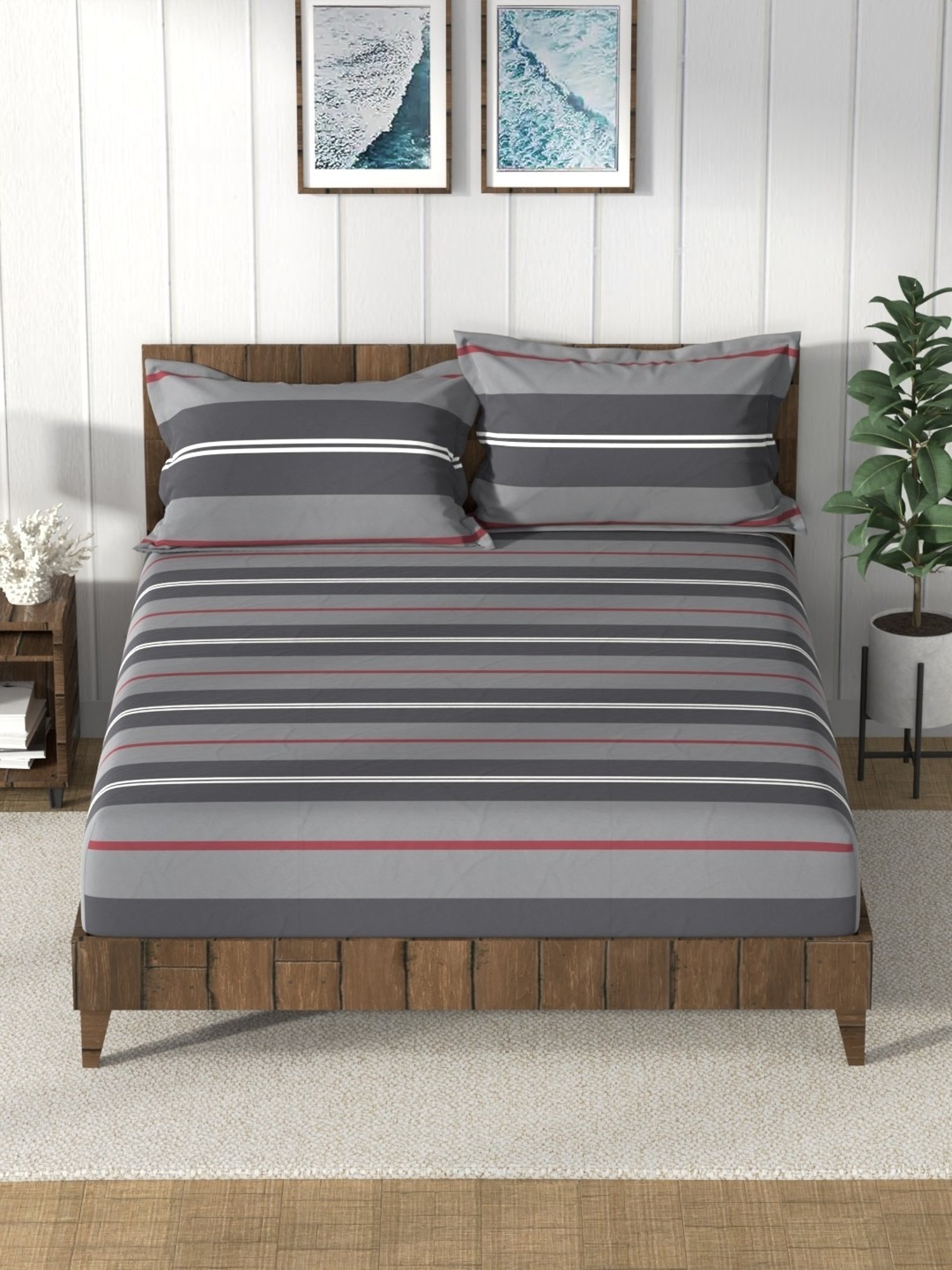 Nautica Bristol Stripes Grey 150 TC King Bedsheet with 2 Pillow Covers