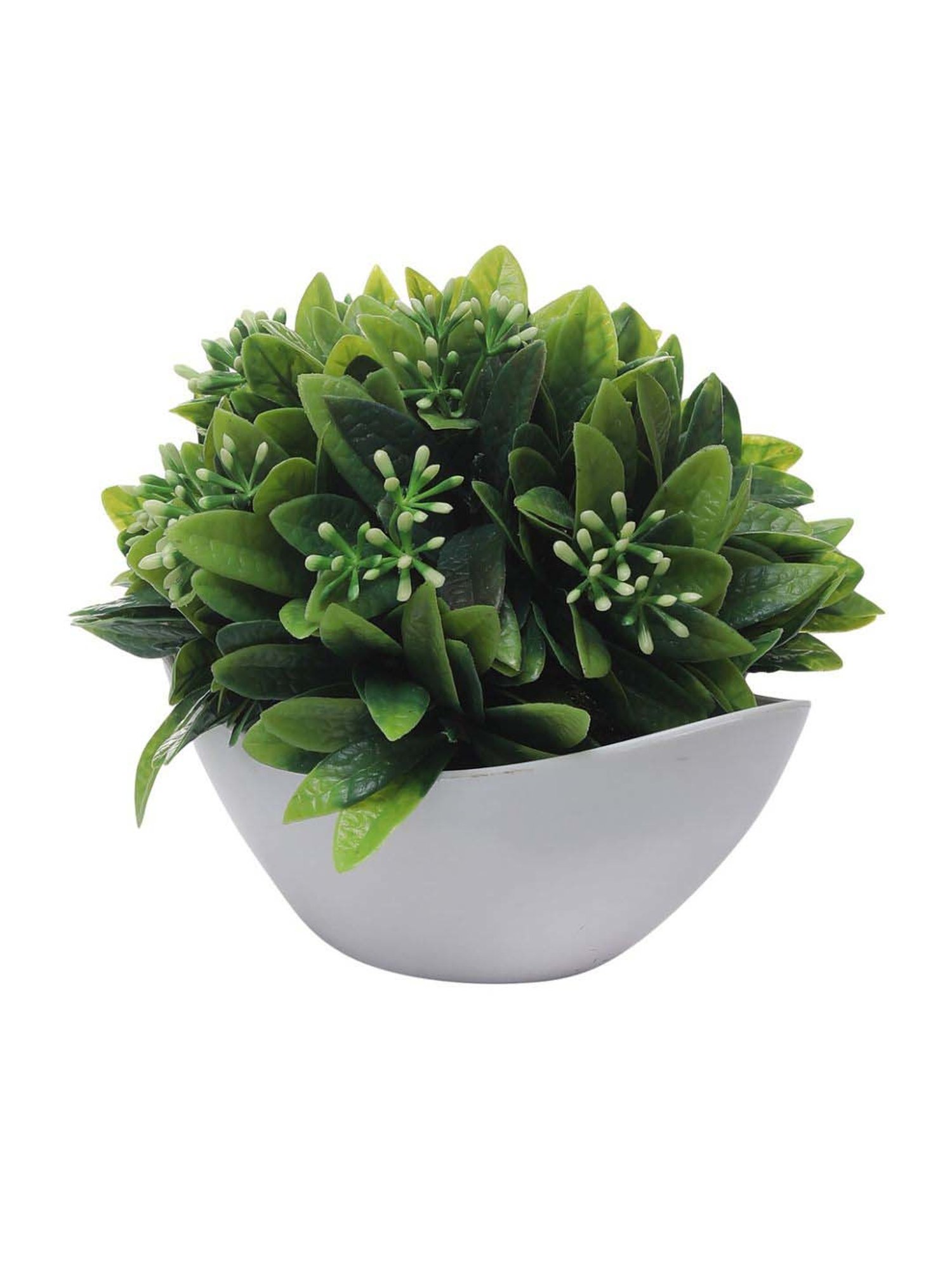 Foliyaj Green & White Plastic Artificial Plant With Leaves And Flowers