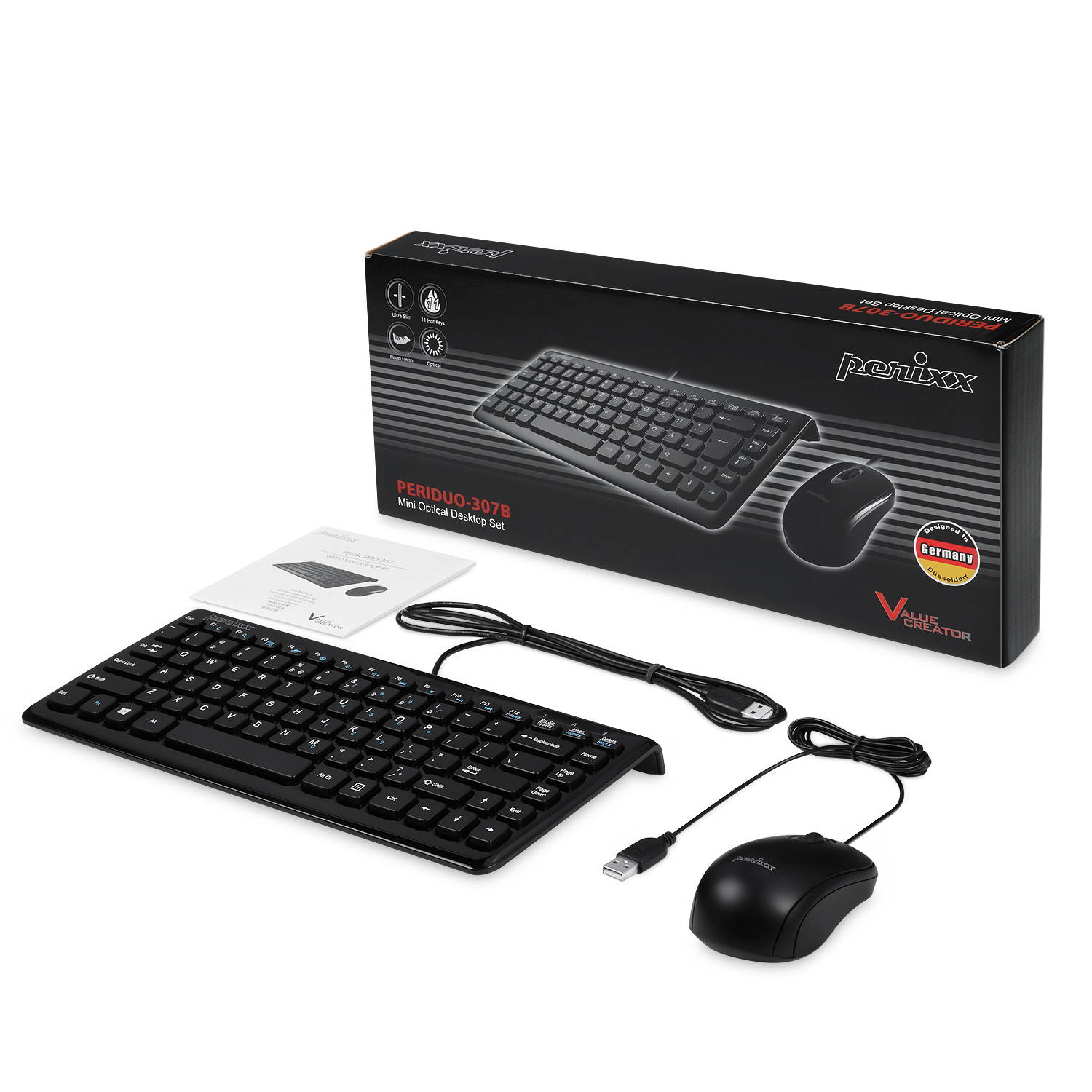 Perixx PERIDUO-307B, Mini Keyboard and Mouse Set - Wired - USB - Piano Black Design - Stylish Chiclet Key Design - 11 Multimedia Hot Keys