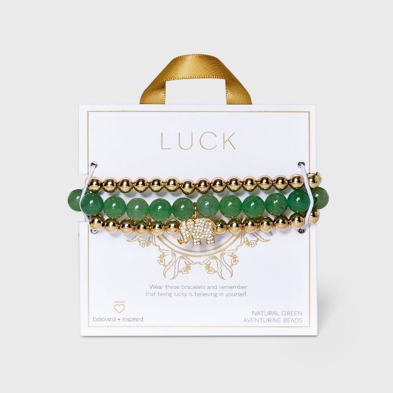 Beloved + Inspired Gold Green Aventurine with Elephant Charm Trio Stretch Bead Bracelet Set - Green