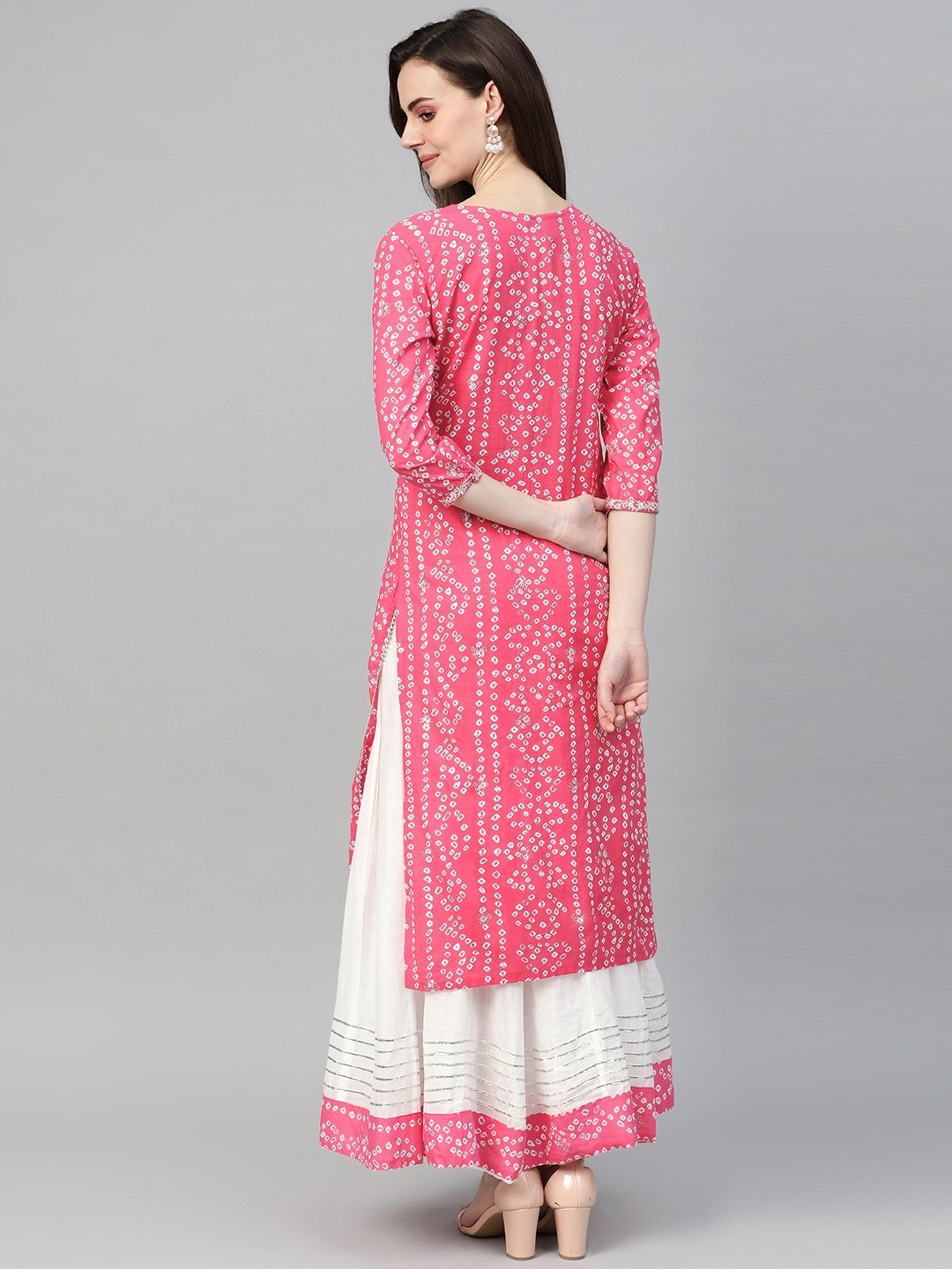 Ishin Pink & White Cotton Printed Kurta Skirt Set