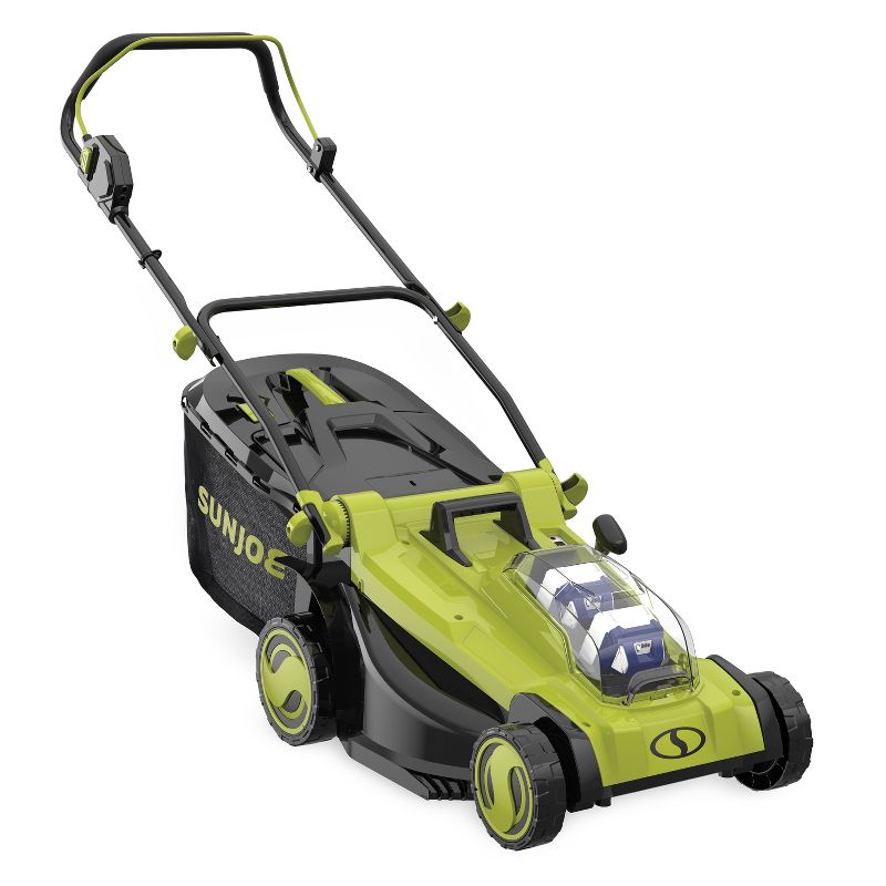 Sun Joe 24V-X2-17LM 48-Volt iON+ Cordless Lawn Mower Kit | 17-inch | 6-Position | W/ 2 x 4.0-Ah Batteries, Dual Port Charger, and Collection Bag.
