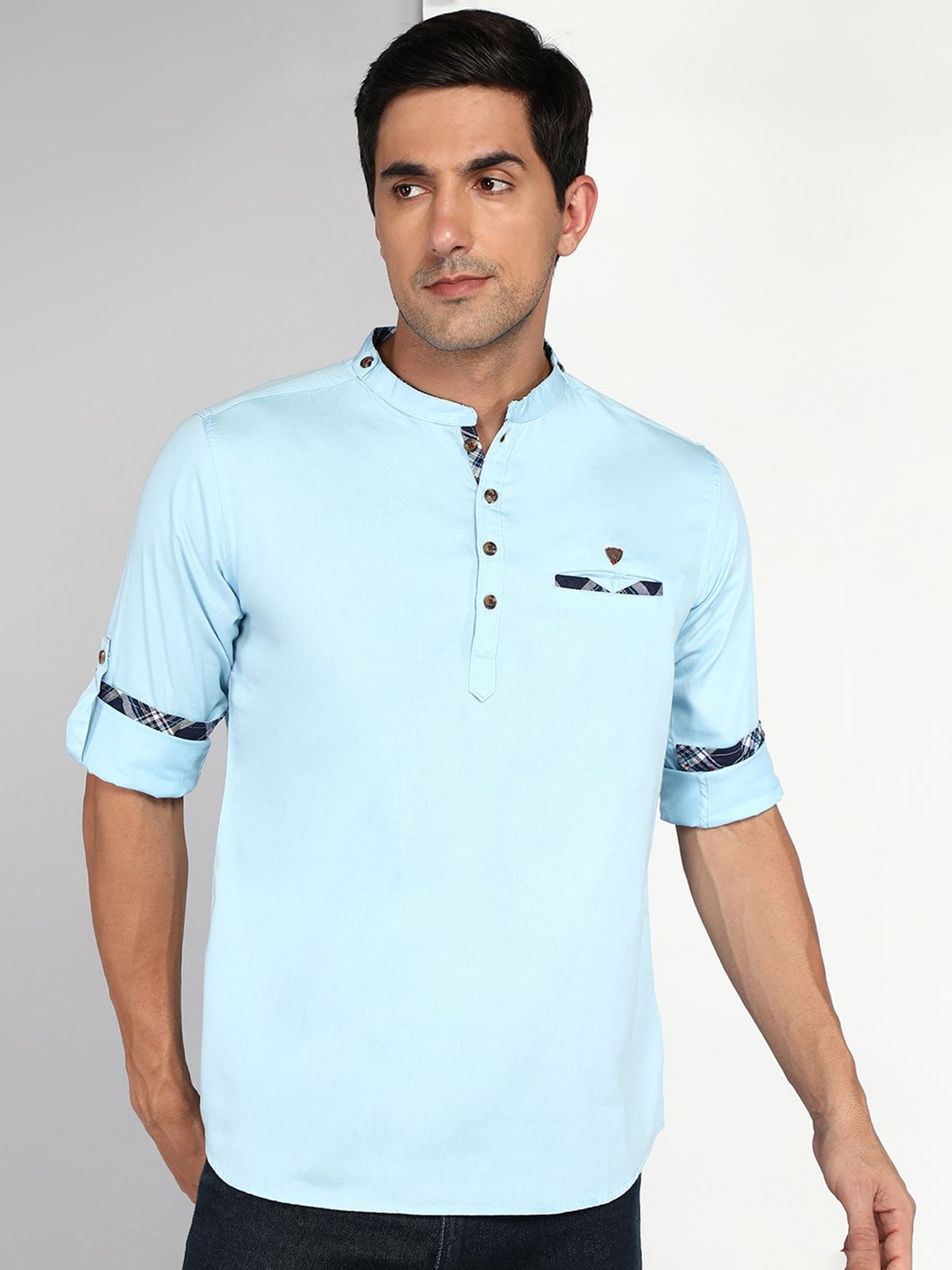 Kuons Avenue Light Blue Regular Fit Cotton Short Kurta