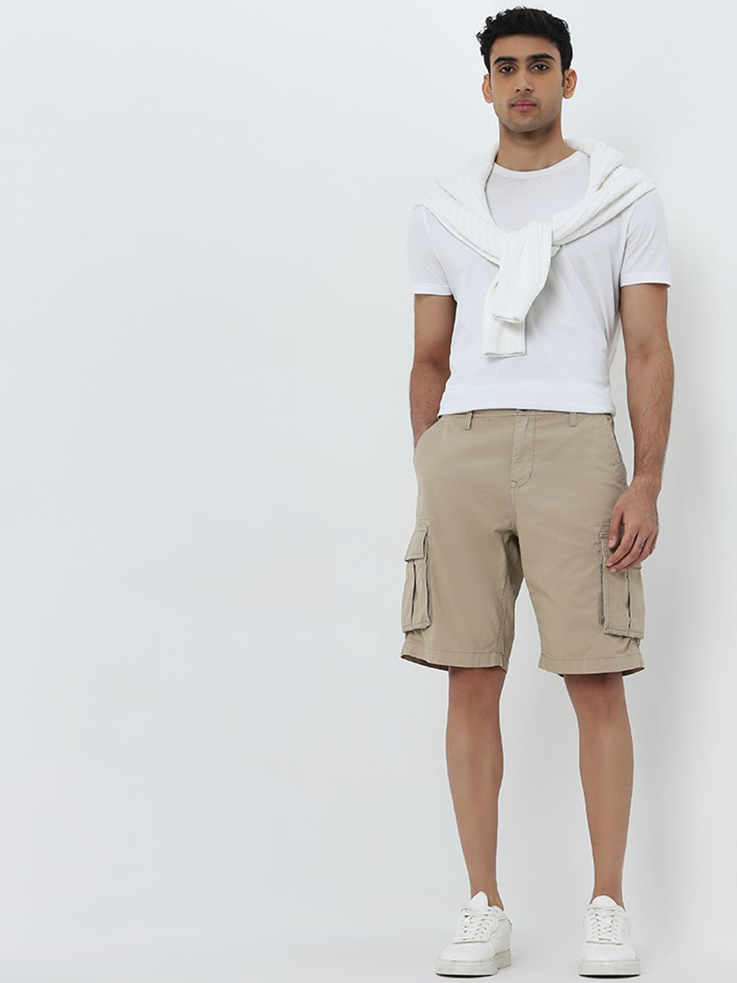 WES Casuals by Westside Khaki Relaxed-Fit Mid-Rise Cotton Cargo Shorts