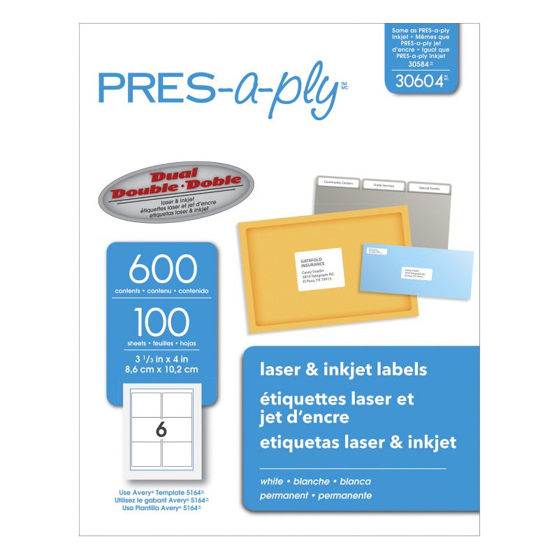 PRES-a-ply Permanent-Adhesive Shipping Labels For Laser and Inkjet Printers, 3-1/3 x 4 Inches, White, Box of 600
