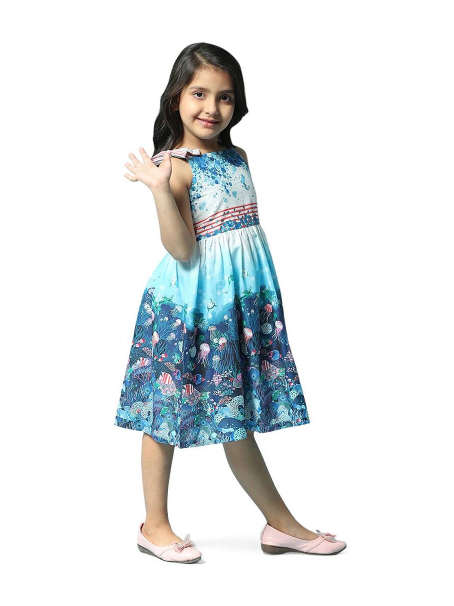 Biba Girls Blue Cotton Printed Dress