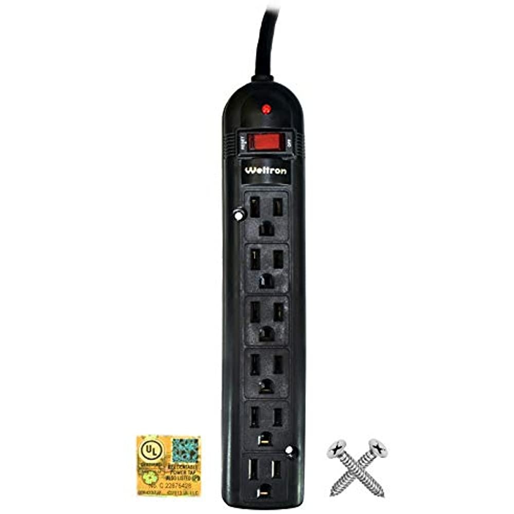 THIS 6 OUTLET PLASTIC POWER STRIP HAS 750 JOULES, EMI/RFI FILTER AND A 25FT POWE